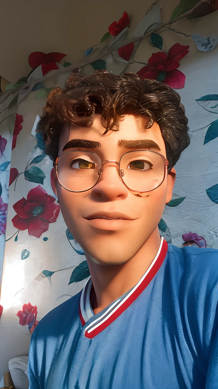 Isaque, sexo masculino, olhos meio esverdiados, cabelos cacheados loirinhos, burgundy glasses, boca rosadinha, pele amarelinha