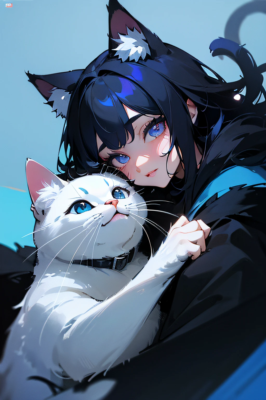 (hight resolution,Masterpiece:1.2),Vivid colors,beautiful detail eyes,beautiful detailed lips,long eyelashes,black coat,fluffy fur,cute expression,Feline Grace,Let's move on to the camera,on a blue background, Neon, night time, ciberpunk