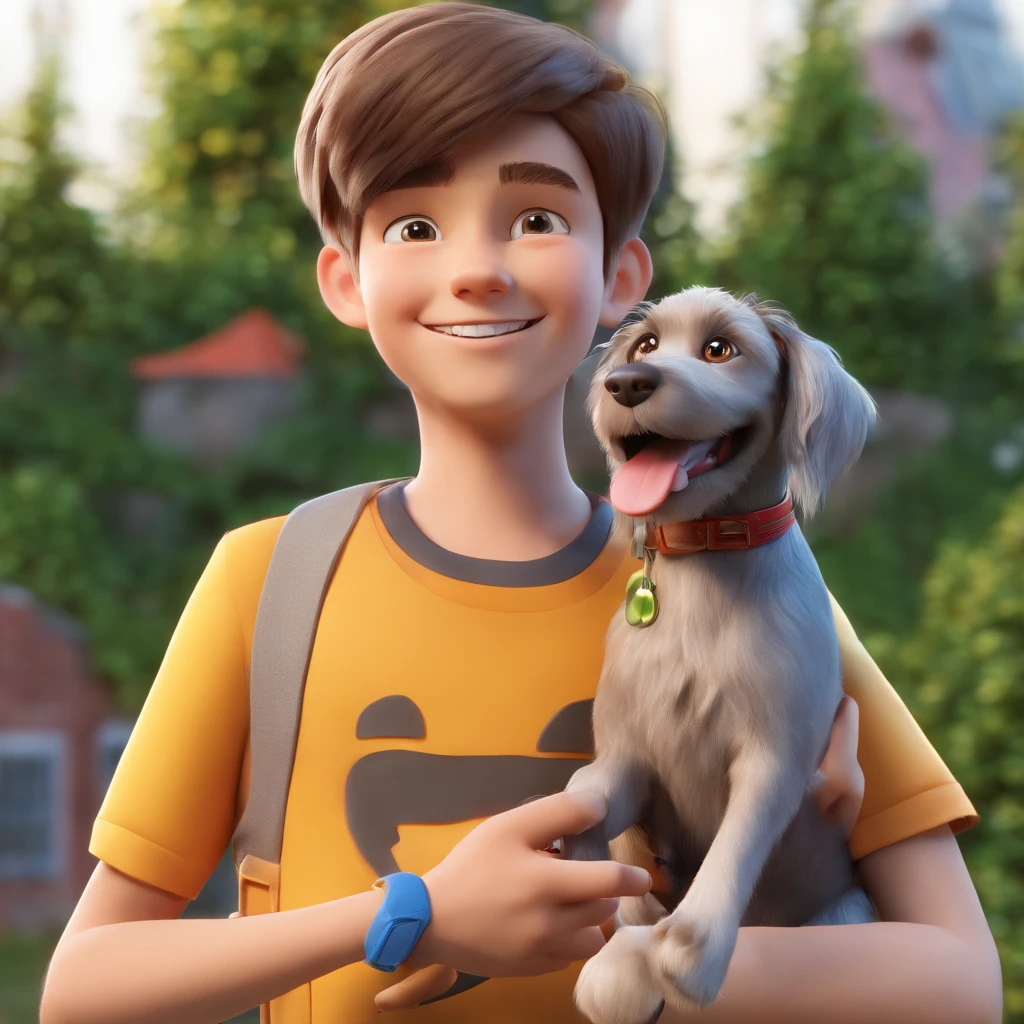Lucas is a smiling 15-year-old human boy, com seu fiel amigo, Bolt, o cachorro schnauzer, deitados no jardim