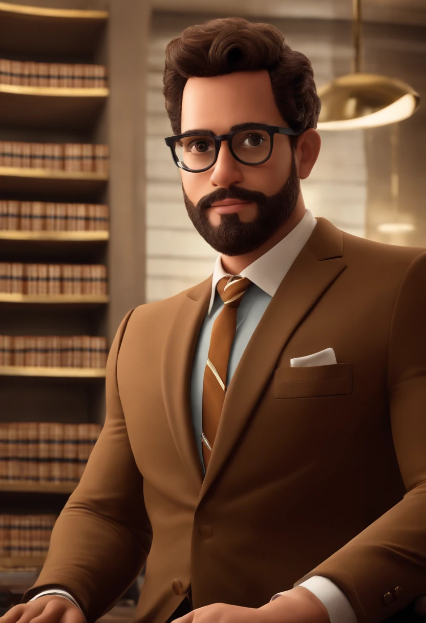 A Disney-Pixar-style 3D movie poster of a 34-year-old man, 1.60 metros de altura, Atarracado, wearing glasses, com cabelo preto e barba grisalha. He's a speaker, vestido com uma camisa de gola alta, a businessman, and is of Brazilian descent. Ele usa um pequeno colar e um anel dourado. Your face is a little round, with small black eyes and a smiling expression. He's in an office, Contemplating how he has helped countless entrepreneurs achieve success in their careers through his training.