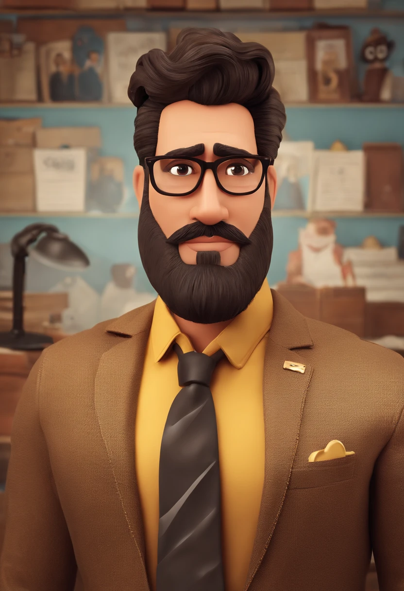 A Disney-Pixar-style 3D movie poster of a 34-year-old man, 1.60 metros de altura, Atarracado, wearing glasses, com cabelo preto e barba grisalha. He's a speaker, vestido com uma camisa de gola alta, a businessman, and is of Brazilian descent. Ele usa um pequeno colar e um anel dourado. Your face is a little round, with small black eyes and a smiling expression. He's in an office, Contemplating how he has helped countless entrepreneurs achieve success in their careers through his training.