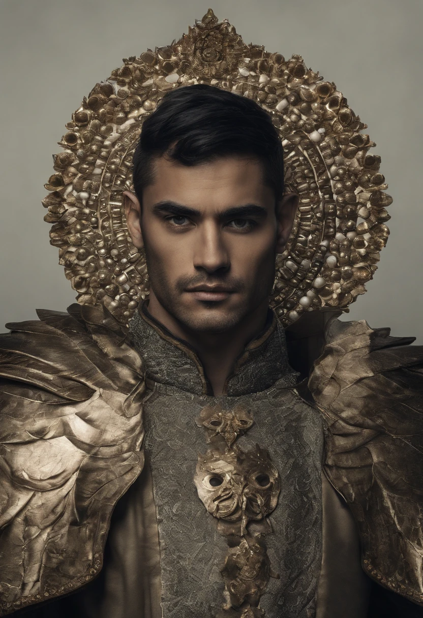 Um homem de cabelos escuros e cacheados,24 anos,wearing a king's crown and a black tunic,e rocha, Holding a holy sting .