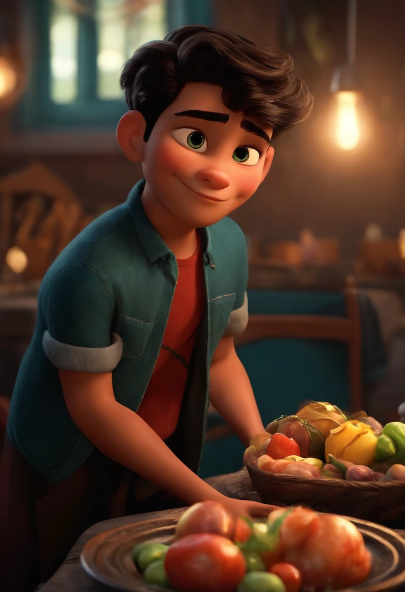Um filme inspirado na Disney Pixar ( NEGRO JOVEM COM CABELO LONGO CACHEADO PRETO) dentro A cena estar na arte distinta do estilo PIXAR, descolada e estilosa