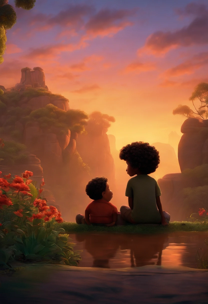 Um filme inspirado na Disney Pixar (MENINO NEGRO JOVEM COM CABELO LONGO CACHEADO PRETO) dentro A cena estar na arte distinta do estilo PIXAR, descolada e estilosa