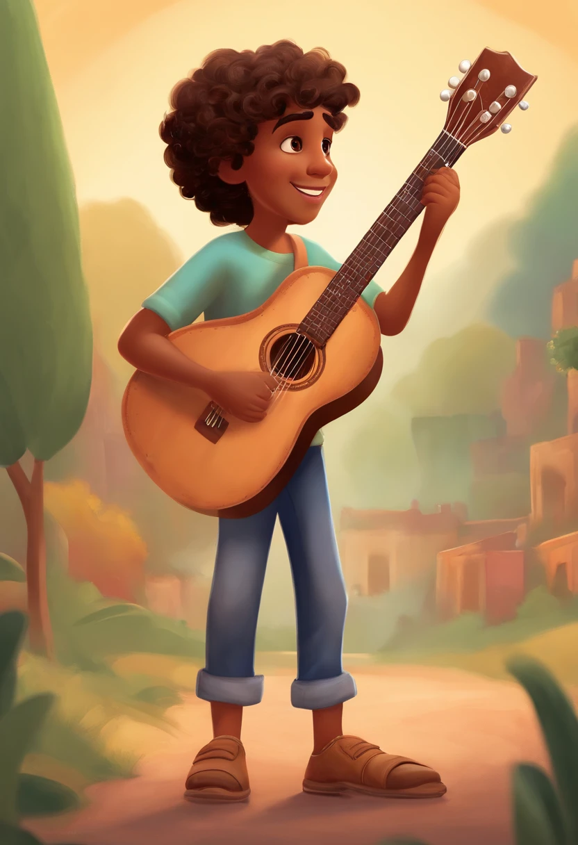 crie um banner no estilo Pixar. A boy with Indian features, moreno pardo com cabelos curtos, Castanhos escuros, Curly and slightly grayish appearance, mas jovem, usando uma camiseta, Wearing jeans and holding a classical guitar with 7 strings.