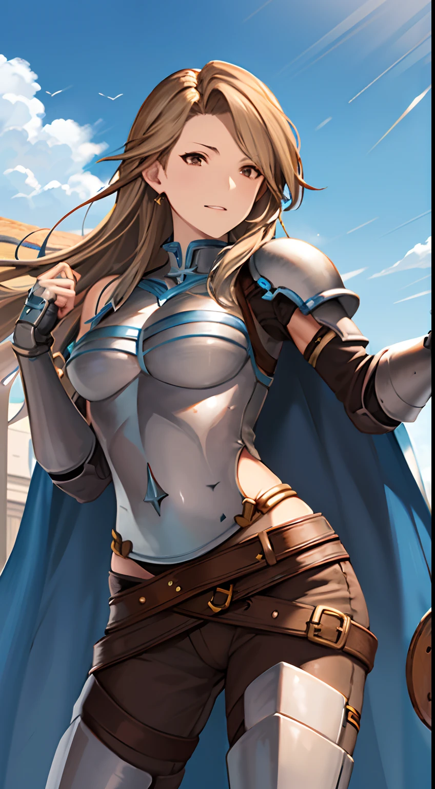 masterpiece, best quality, highres, katalina (granblue fantasy), armor, gauntlets, belt, breastplate, shoulder armor, cape, pauldrons, pants, cowboy shot, outdoors,