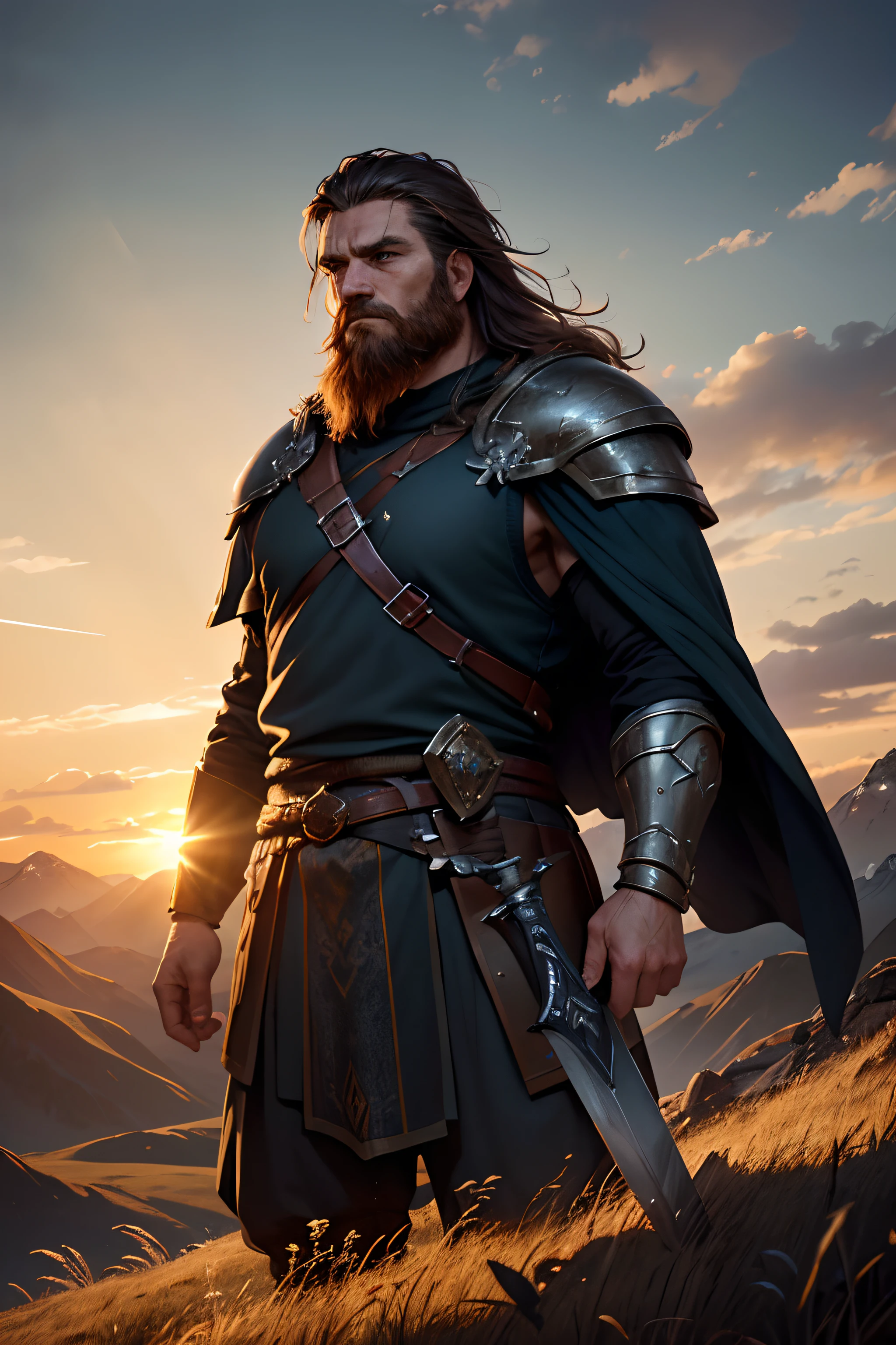 (a viking,standing at sunset,mountains,contrasting light)
(best quality,4k,8k,highres,masterpiece:1.2),ultra-detailed,(realistic,photorealistic,photo-realistic:1.37),HDR,UHD,studio lighting,ultra-fine painting,sharp focus,physically-based rendering,extreme detail description,professional,vivid colors,bokeh,portraits,landscape,HDR(Ultra High Definition),dark blue and golden tones,soft rays of sunlight,imposing figure,warm and intense lighting,elegant armor,detailed facial features,expression of determination,wisdom reflected in the eyes,strong build,battle-worn sword and shield,wind-blown hair,impressive beard,majestic mountain range,silhouettes against the setting sun,rich texture of the mountain peaks,distinct shadows and highlights,contrasting light and shadows,awe-inspiring landscape,serene atmosphere,peaceful yet powerful presence,subtle hints of red and orange in the sky,overlapping layers of clouds,gentle breeze rustling the grass,quiet solitude amidst nature,immersive painting style,depiction of strength and resilience.