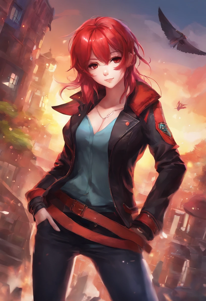 anime girl with red hair and black jacket posing for a picture, anya from spy x family, yayoi kasuma, made with anime painter studio, render of april, she has red hair, badass pose, painted in anime painter studio, female protagonist 👀 :8, persona art style, she wears leather jacket, visual novel sprite, character from king of fighters, Anime, Anime art germ, Anime styled digital art, realistic anime, 3d anime, Extremely detailed.