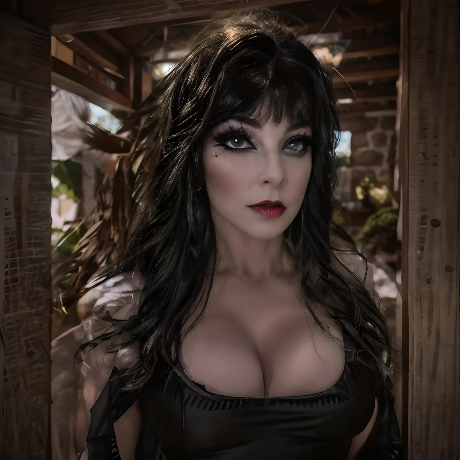 obra prima, alta qualidade, Detalhes intrincados, illustration, perfect lighting, Perfect everything. Um close-up de uma mulher em um vestido preto com um fundo vermelho, Elvira com roupas esfarrapadas, Rainha Vampira, Rainha das Trevas, dark goth queen, , Elvira y, Olhos azuis detalhados, olhos perfeitos, Olhando para o Viewer, Olhos centrados, Delineador preto, sombra roxa dos olhos, seiandes, decote,um puco gordinha, Vestido preto, Background of a gothic mansion, Velas ao redor, filme, Bokeh, profissional, 4k, Fotografia 35mm, altamente detalhado