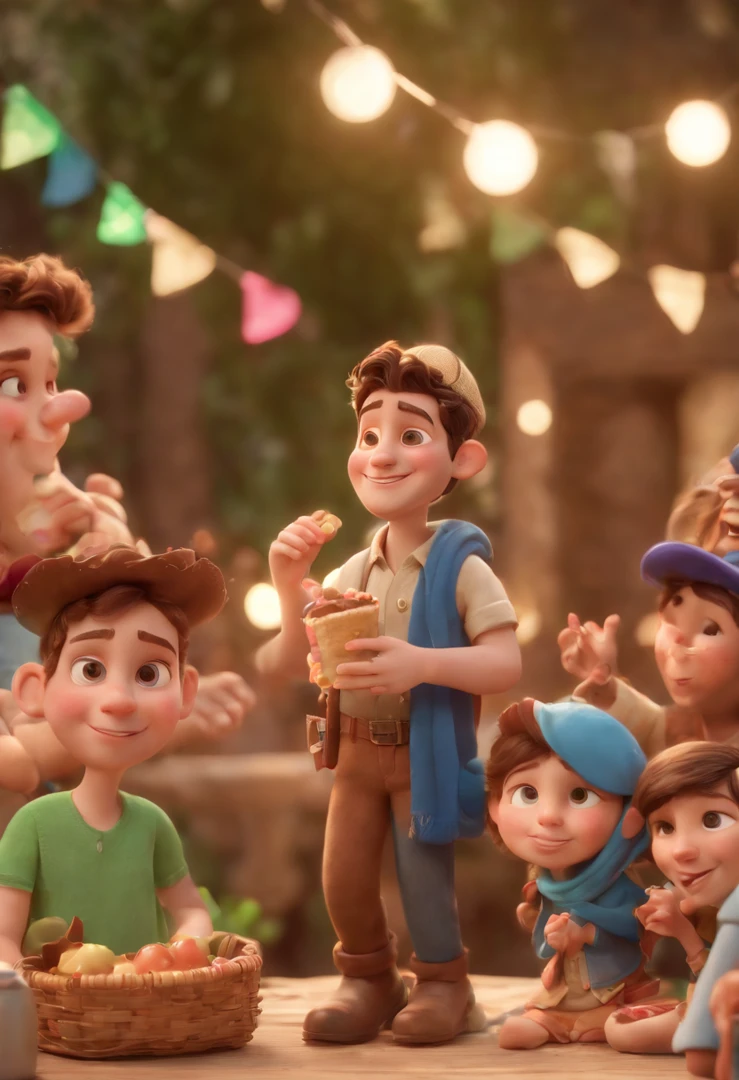 Cartoon character of several young people wearing various types of hats and eating happy sweets and Jesus in the background with his arms on them Blessing at a Party, animation character, Caractere estilizado, animation style rendering, 3D estilizado, Arnold Maya render, 3 d render stylized, toon render keyshot, Personagem 3D, Personagem 3D, 3d rendering stylized, 3 d character render, personagem de desenho animado, Personagem de close up, Pose de personagem, (Estilo Pixar) (master part:1.2) (Bokeh) (best quality) (pele detalhada) (textura detalhada) (8k) (argila) (Cinematic lighting) (foco nítido