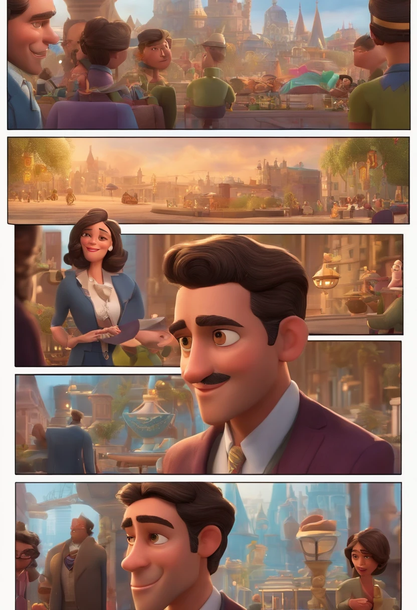 A city councilman looking at a dream project inspired by Pixar animation, de perto. The character takes center stage with captivating facial expressions, oferecendo um toque de irrealidade