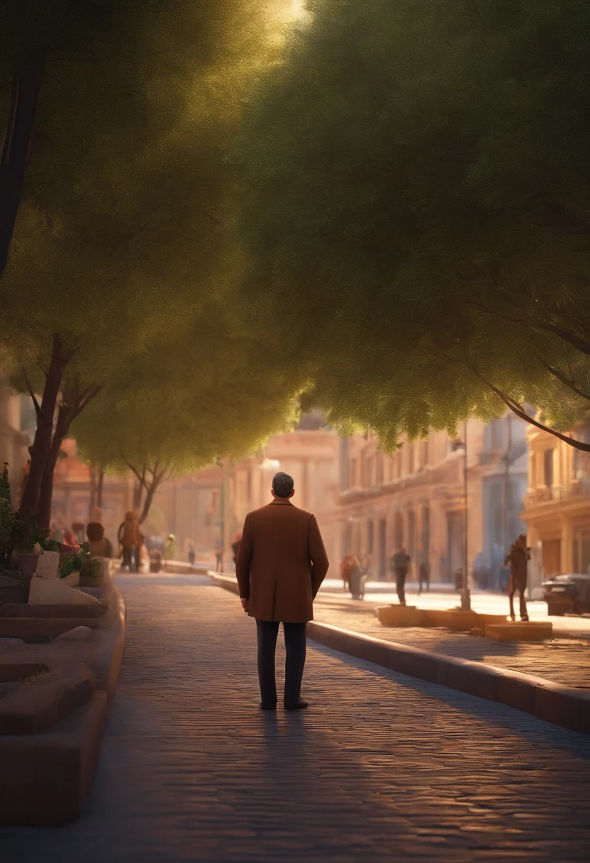 A city councilman looking at a dream project inspired by Pixar animation, de perto. The character takes center stage with captivating facial expressions, oferecendo um toque de irrealidade
