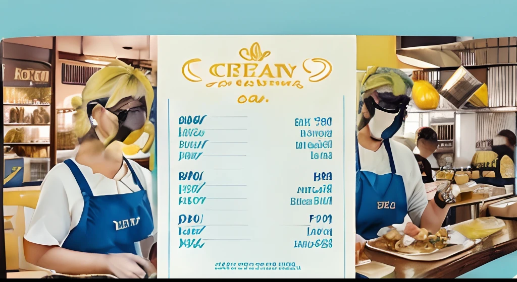 tarjeta de visita, full card design, Creamy yellow color with cyan blue frame lines. Food Restaurant Menu Idea. Cafeteria Theme. Estilo de libro imagen en calidad