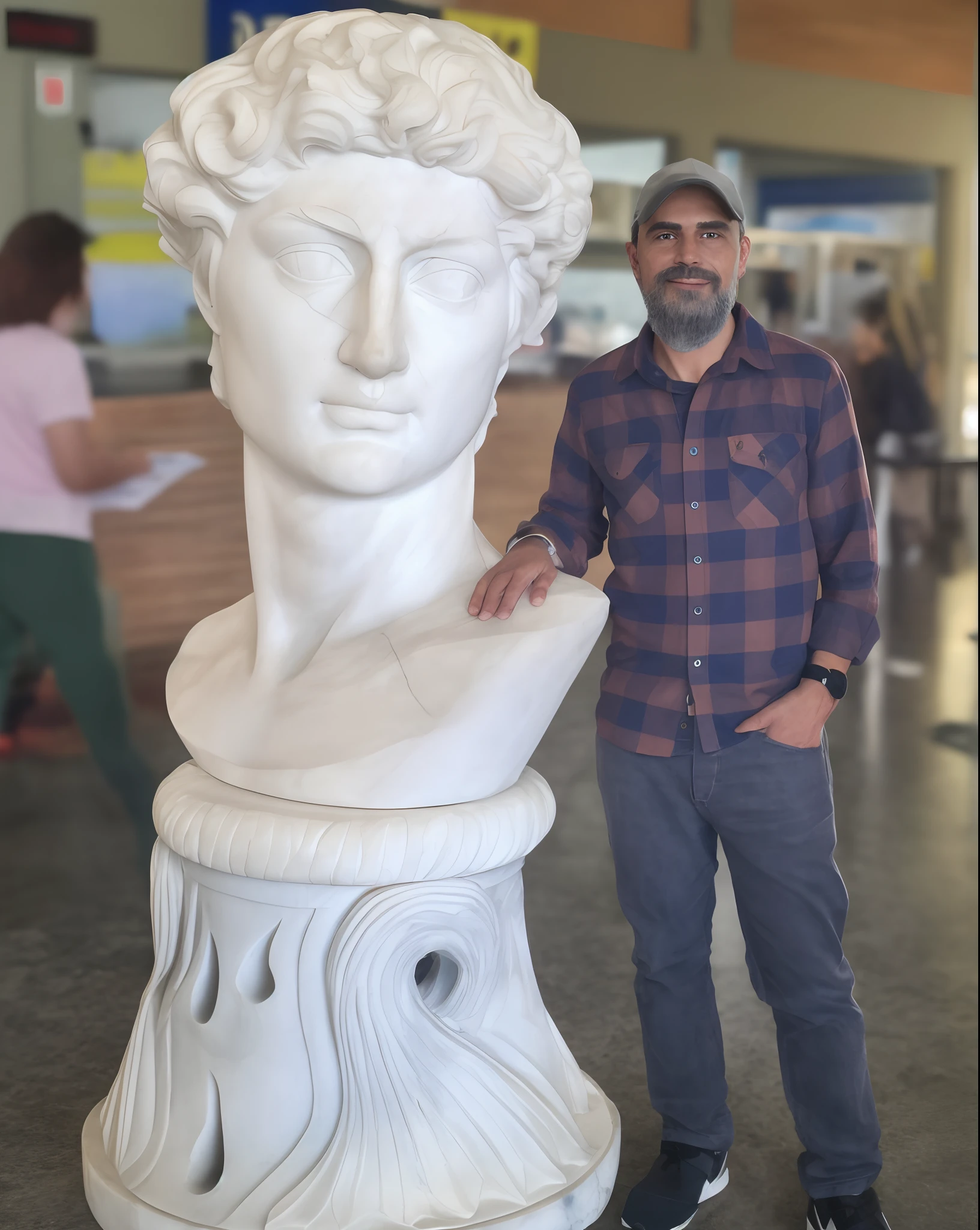 Homem de Arafed ao lado de um busto de um homem, posing like a statue, 3d statue!!!, escultura realista de 8k bernini, inspired by Caesar Andrade Faini, busto muito grande, com uma figura ao fundo, statue of carving marble, escultor, classic sculpture, marble bust, Marble statue, sculpture of carving marble, por Pogus Caesar