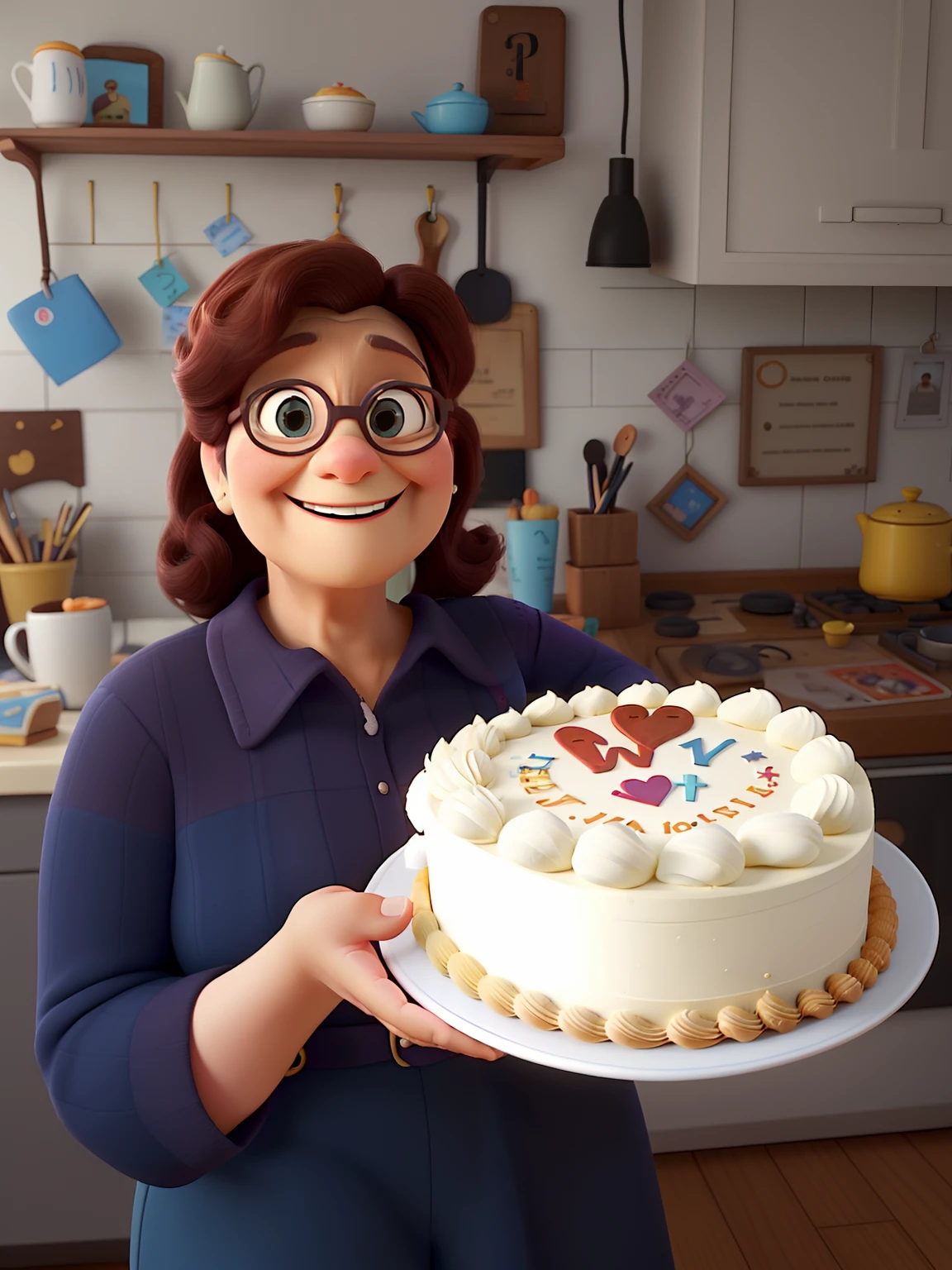 A partir da foto enviada, crie um personagem de filme da pixar. The character is a 65-year-old lady who is very proud of the cake she made