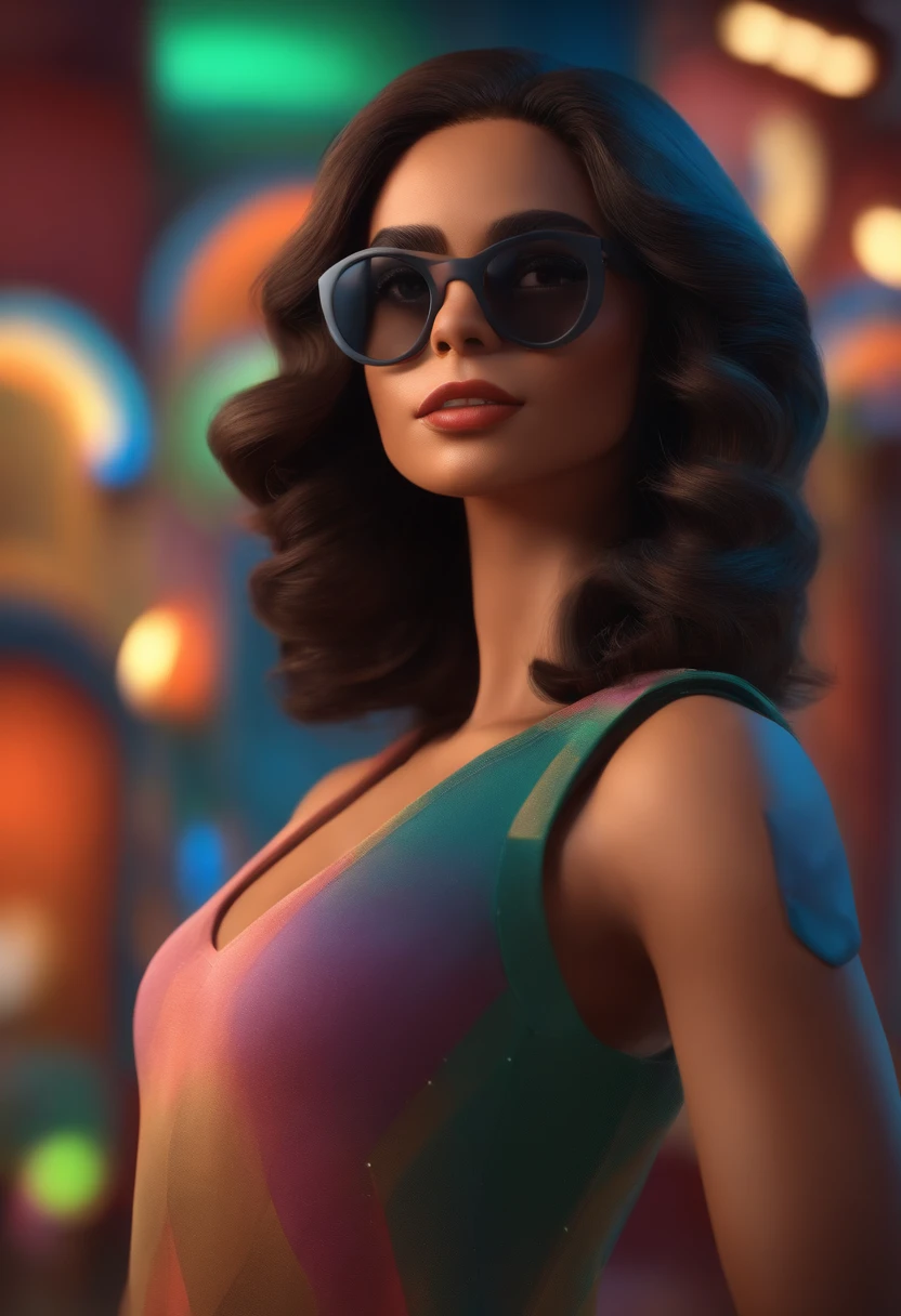 Pixar style image with 3D character glasses brunette woman , cabelos negros longo, pouco musculosa! Fazendo pose para foto sorrindo