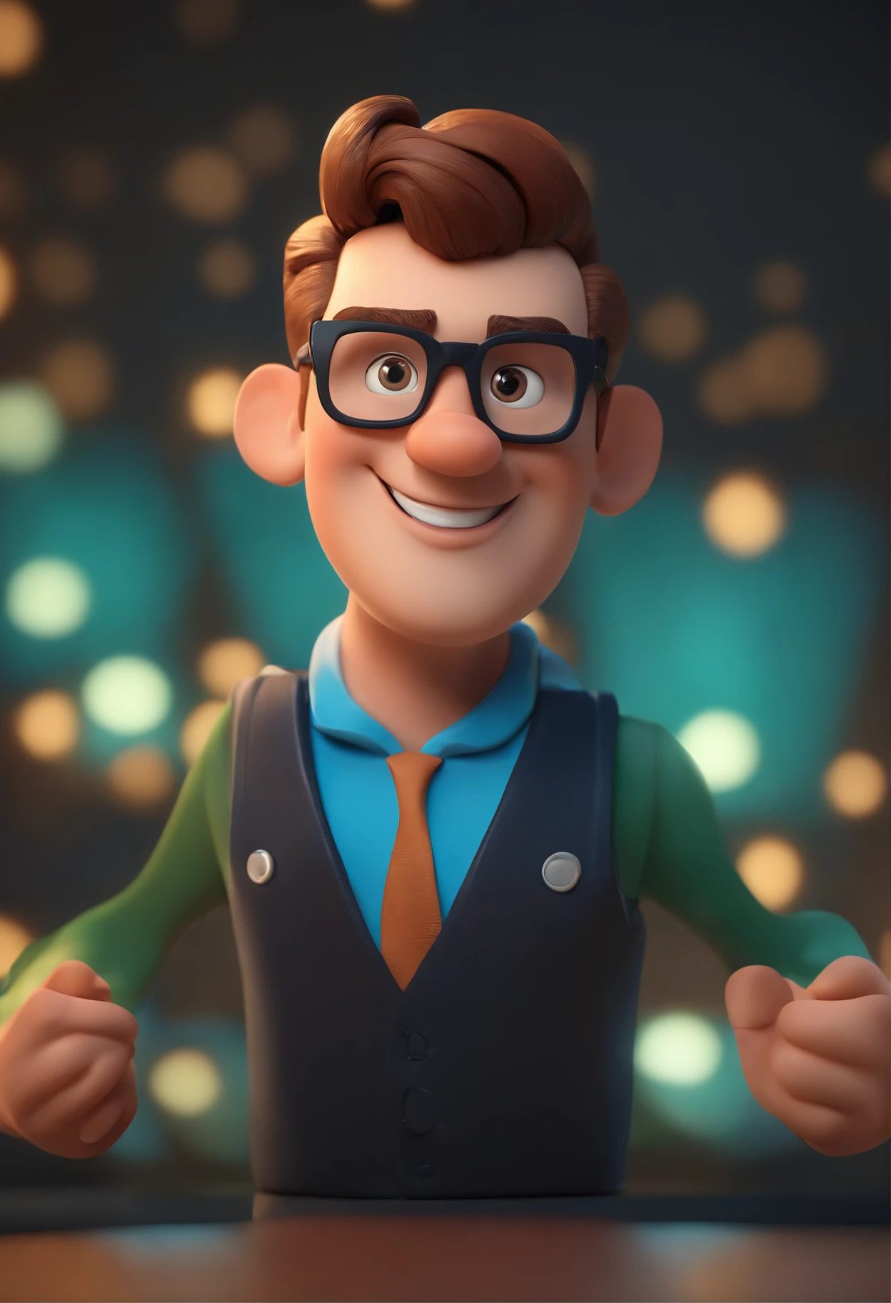 Cartoon character of a man wearing black glasses and a blue shirt, um personagem animado, Caractere estilizado, animation style rendering, 3D estilizado, Arnold Maya render, 3 d render stylized, toon render keyshot, Personagem 3D, Personagem 3D, 3d rendering stylized, 3 d character render, personagem de desenho animado, Personagem de close up, Pose de personagem, (Estilo Pixar) (master part:1.2) (Bokeh) (best quality) (pele detalhada) (textura detalhada) (8k) (argila) (Cinematic lighting) (foco nítido,Senta e vaza a parte superior do corpo