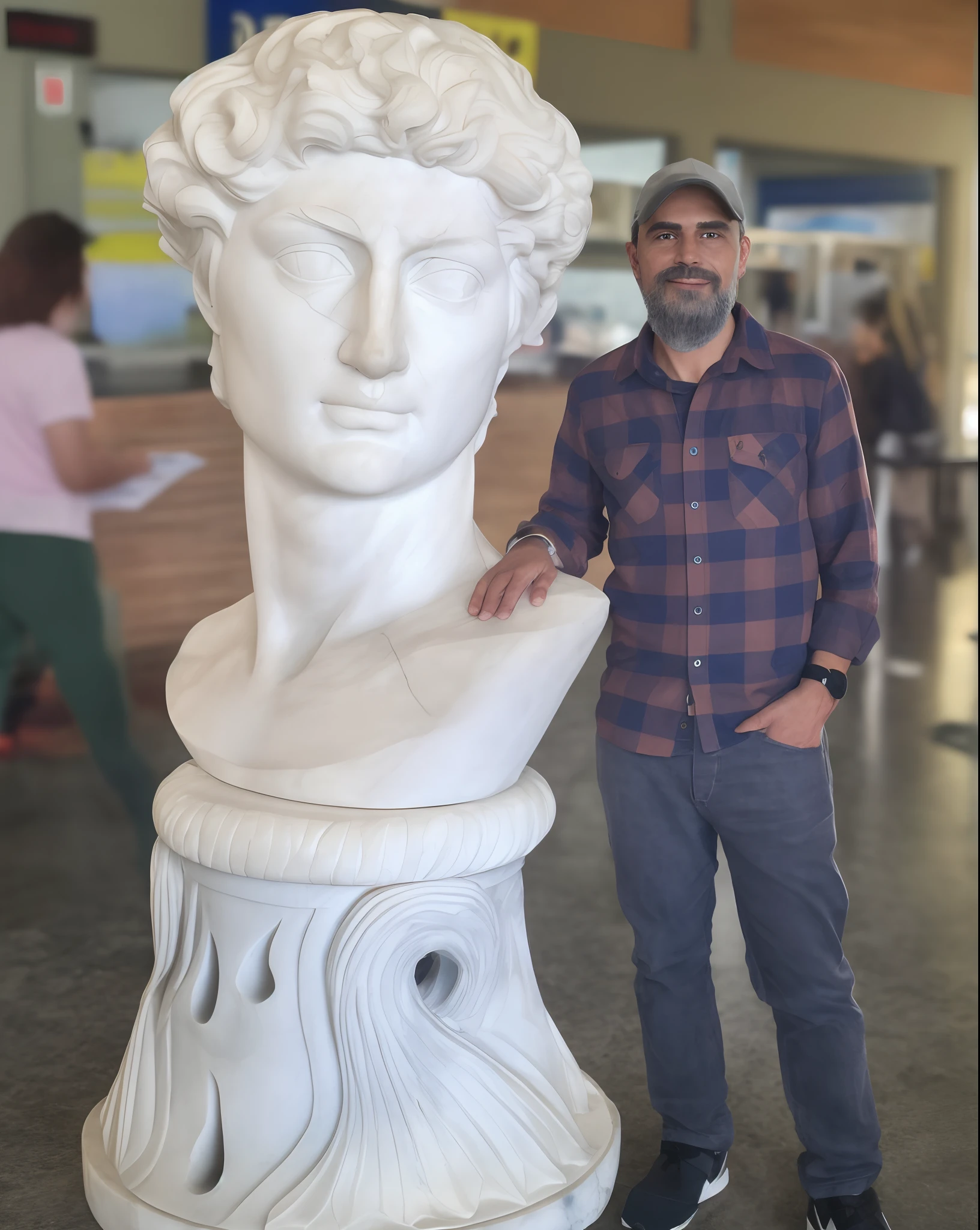 Homem de Arafed ao lado de um busto de um homem, posing like a statue, 3d statue!!!, escultura realista de 8k bernini, inspired by Caesar Andrade Faini, busto muito grande, com uma figura ao fundo, statue of carving marble, escultor, classic sculpture, marble bust, Marble statue, sculpture of carving marble, por Pogus Caesar