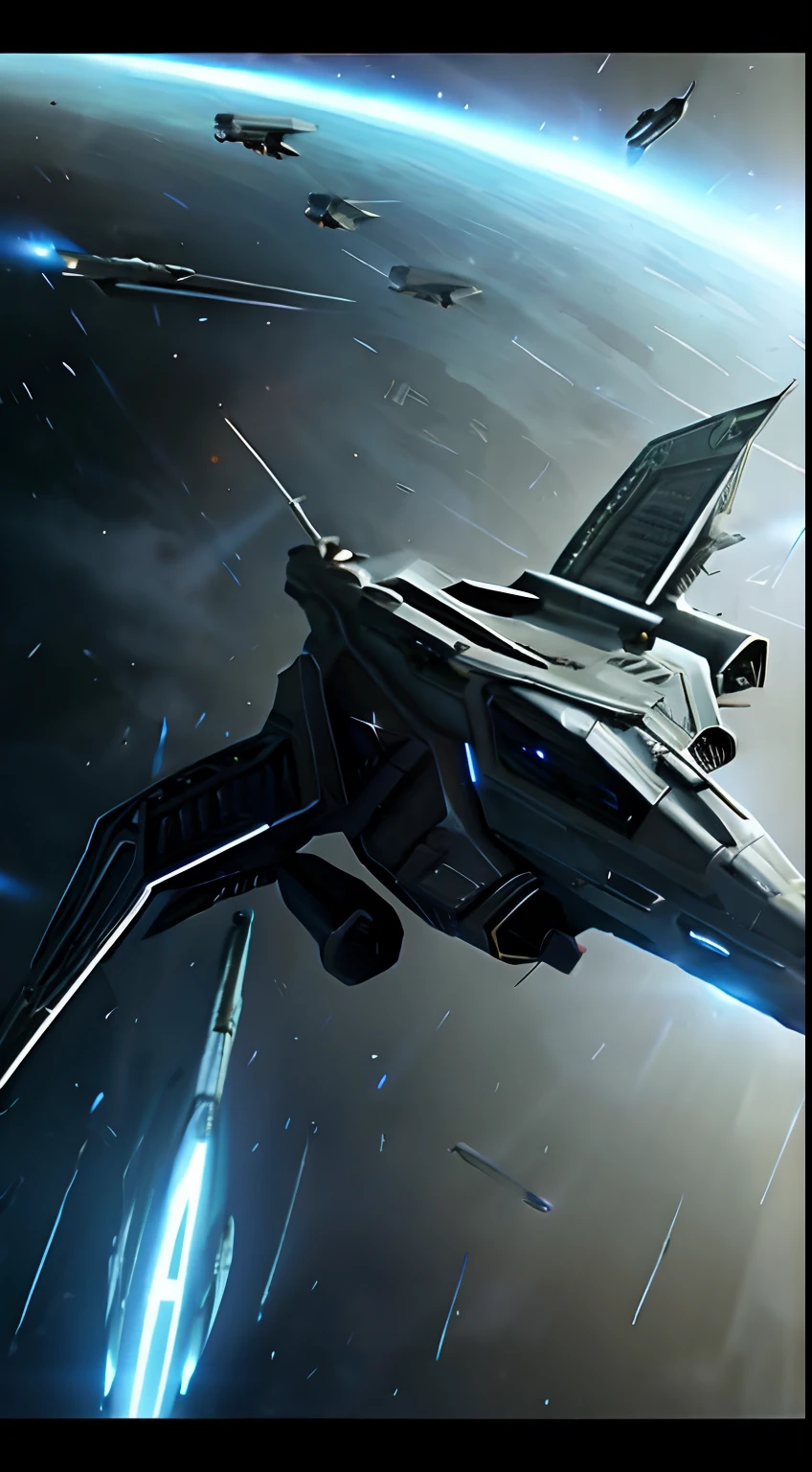 Ultra realistic cinematic image. a spaceship, fleeing from an enemy fighter fleet that pursues them.