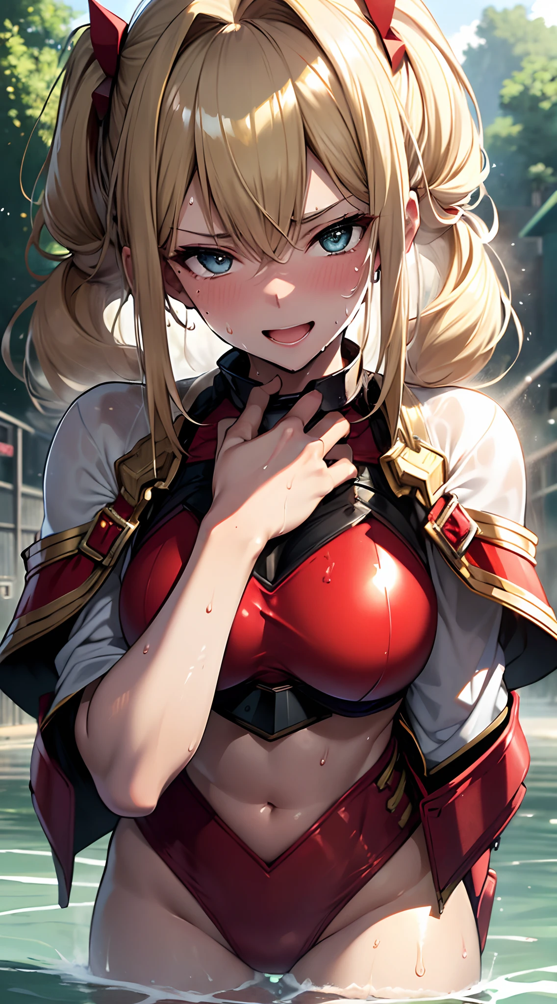 top-quality、supreme１People Girls,hightquality,, ((masuter piece)), ((High resolution)), ((Best Quality)), detail, (NSFW:1.4 ,cum faced、Excited face.Very happy,), ((Skin shiny with sweat:1.4)), (Red Bikini Armor:1.2)、 girl with, a blond, (Half Twin Tail)、Bathe:1.5、fair white skin:1.3、、Smaller chest, cinmatic lighting, perfectly shaded,(((waterside))), Realistic lighting with shades,