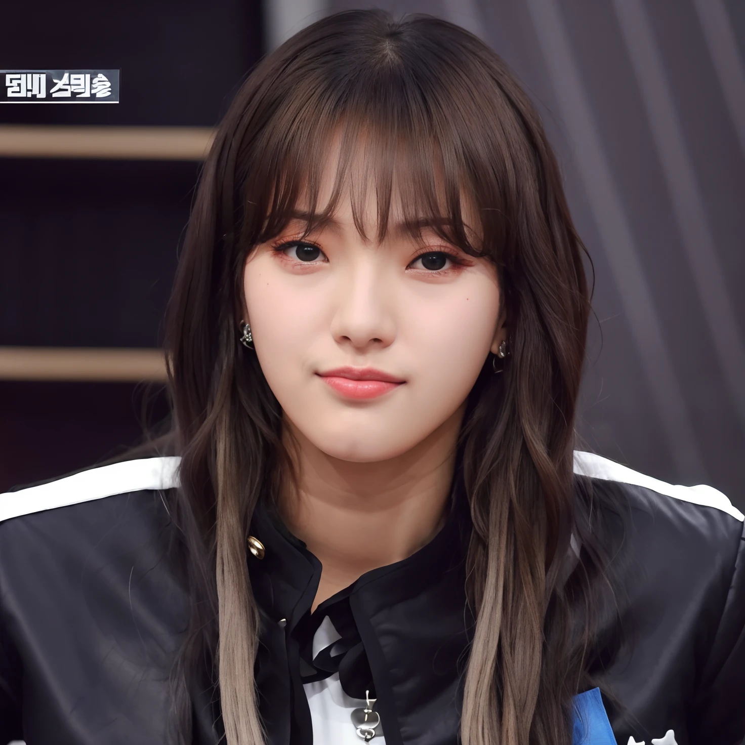um close up de uma pessoa com cabelo comprido usando uma jaqueta, Dom Yunjoo, Ela tem cabelo preto com franja, com franja, com franja completa, apenas algumas franjas, cabelo, franja contundente cai em sua testa, cabelo arrumado com franja, Lalisa Manoban do Blackpink, jossi do blackpink, com uma franja escura, franja reta, Parque Ji-min