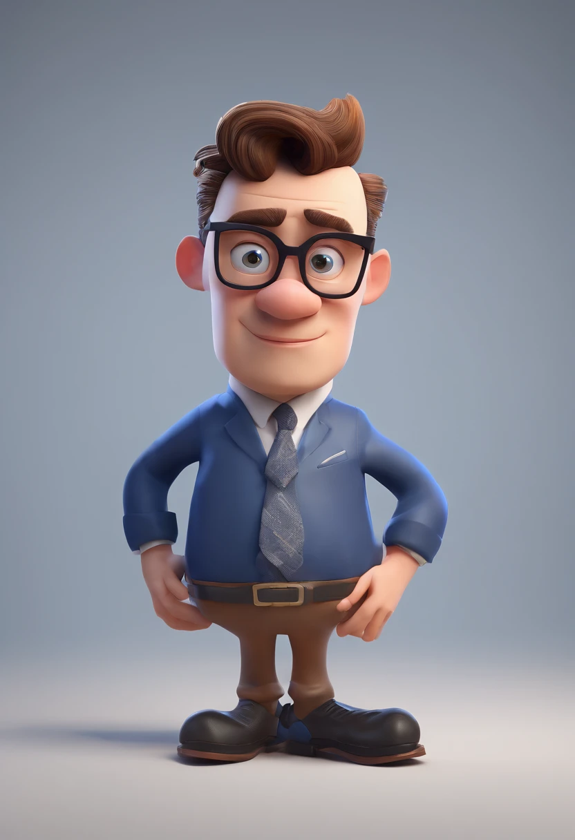 Cartoon character of a man with black glasses, pouco cabelo e uma camisa azul, In an office animation character, Caractere estilizado, animation style rendering, 3D estilizado, Arnold Maya render, 3 d render stylized, toon render keyshot, Personagem 3D, Personagem 3D, 3d rendering stylized, 3 d character render, personagem de desenho animado, Personagem de close up, Pose de personagem, (Estilo Pixar) (master part:1.2) (Bokeh) (best quality) (pele detalhada) (textura detalhada) (8k) (argila) (Cinematic lighting) (foco nítido