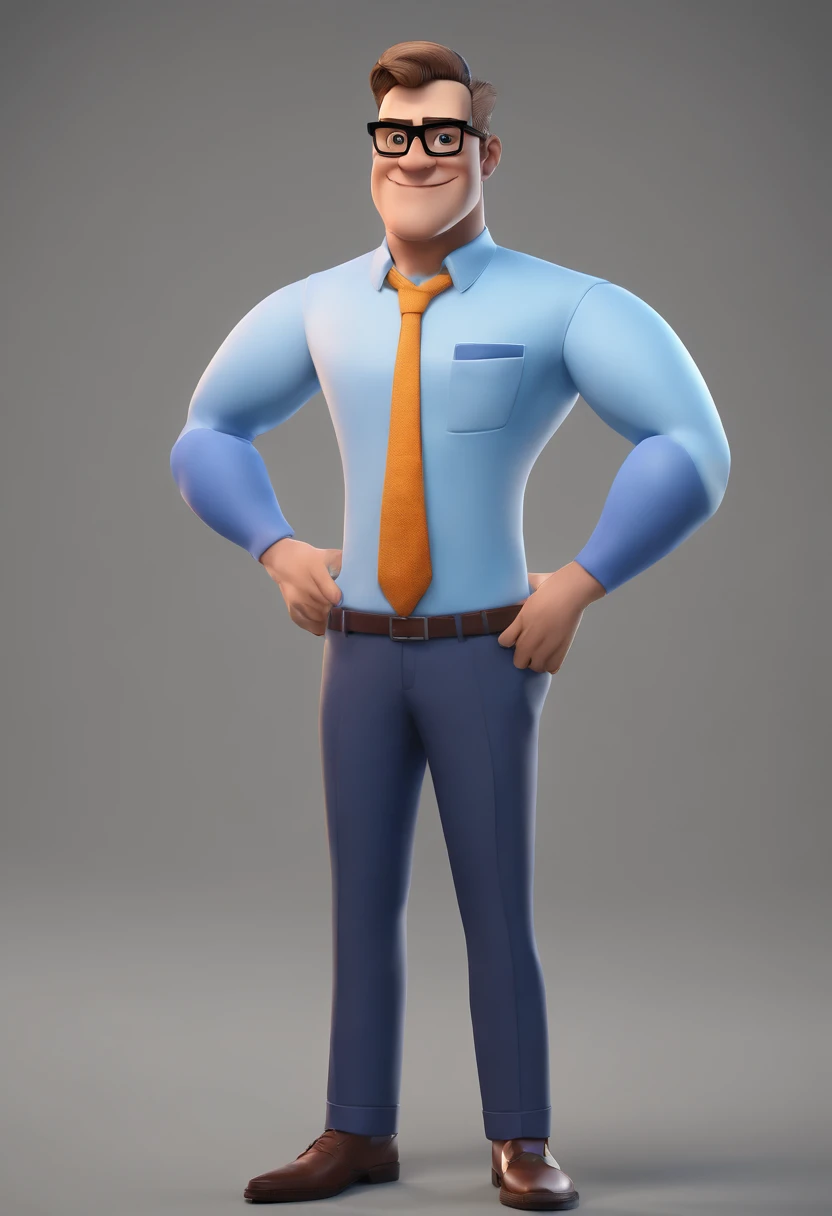Cartoon character of a man with black glasses, pouco cabelo e uma camisa azul, In an office animation character, Caractere estilizado, animation style rendering, 3D estilizado, Arnold Maya render, 3 d render stylized, toon render keyshot, Personagem 3D, Personagem 3D, 3d rendering stylized, 3 d character render, personagem de desenho animado, Personagem de close up, Pose de personagem, (Estilo Pixar) (master part:1.2) (Bokeh) (best quality) (pele detalhada) (textura detalhada) (8k) (argila) (Cinematic lighting) (foco nítido