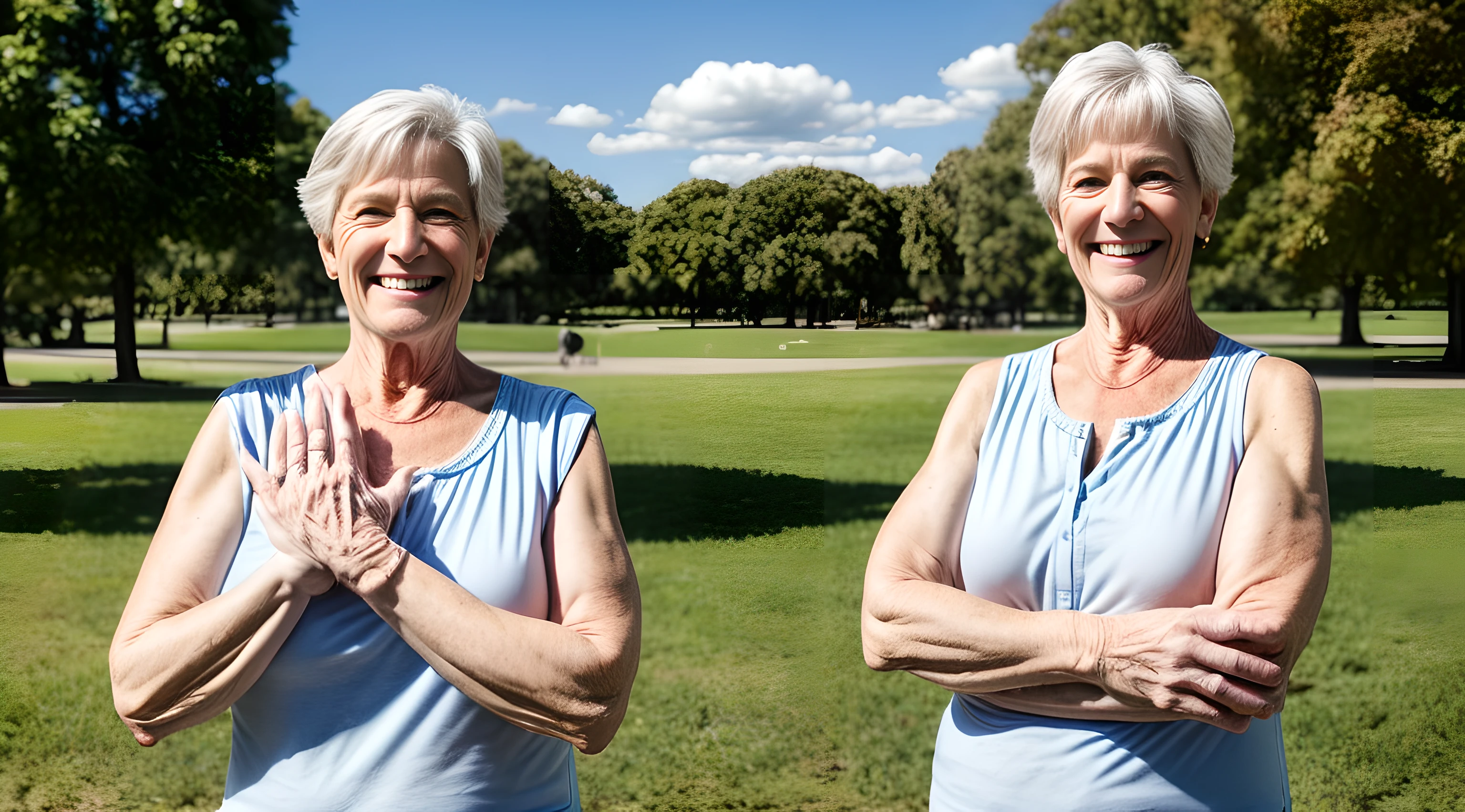 Hyperrealistic half body photograph of a happy 50-year-old Caucasian woman. Background of a park. Sunny day and blue sky with clouds. Beautiful hands