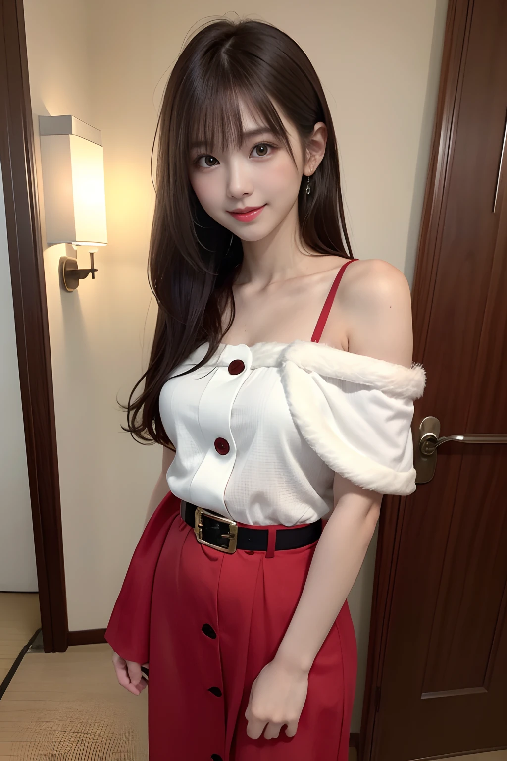White see-through blouse,Face Interview, (Photo Real:1.4), (hyper realisitic:1.4), (realisitic:1.3), (Smooth lighting:1.05), (Improve video lighting quality:0.9), 1womanl, (An 18-year-old woman:1.2), Realistic lighting, Back lighting, Facial light, raytrace, (cheerfulness:1.2), (Improved image quality:1.4), (Finest Real Textured Skins), finely eye, a small face, Red cheeks, skinny body, medium-breasted pointed jaws,,,,,,,,,,,,,, Japan idol system, Nogizaka Idol, glowy skin, hposing Gravure Idol, P, Blunt bangs, light brown hair, hair behind ear, hair over shoulder, Long hair,Tear bag，Christmas、(Santa Cos:1.3)、full body Esbian、sexypose、great joy、kawaii、