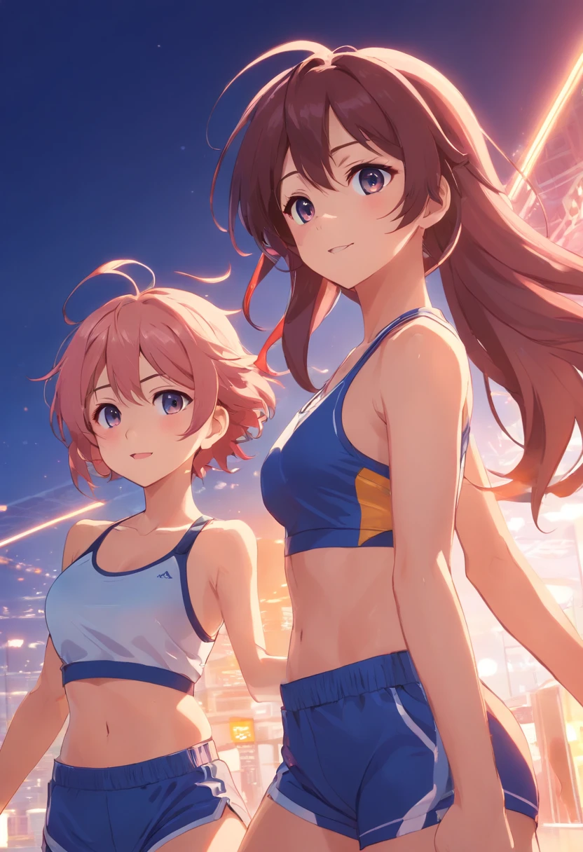 Two young women, (anime), poses de corpo inteiro, exercitando-se intensamente em uma academia, wearing sports bras and floss made of transparent fabric, com suor brilhando em seus corpos. Both have short, messy multicolored hair with smiling faces, and one of them has visible pubic hair. They have toned athletic bodies with slim waists and huge breasts. (Mamilo inchado:1.3)