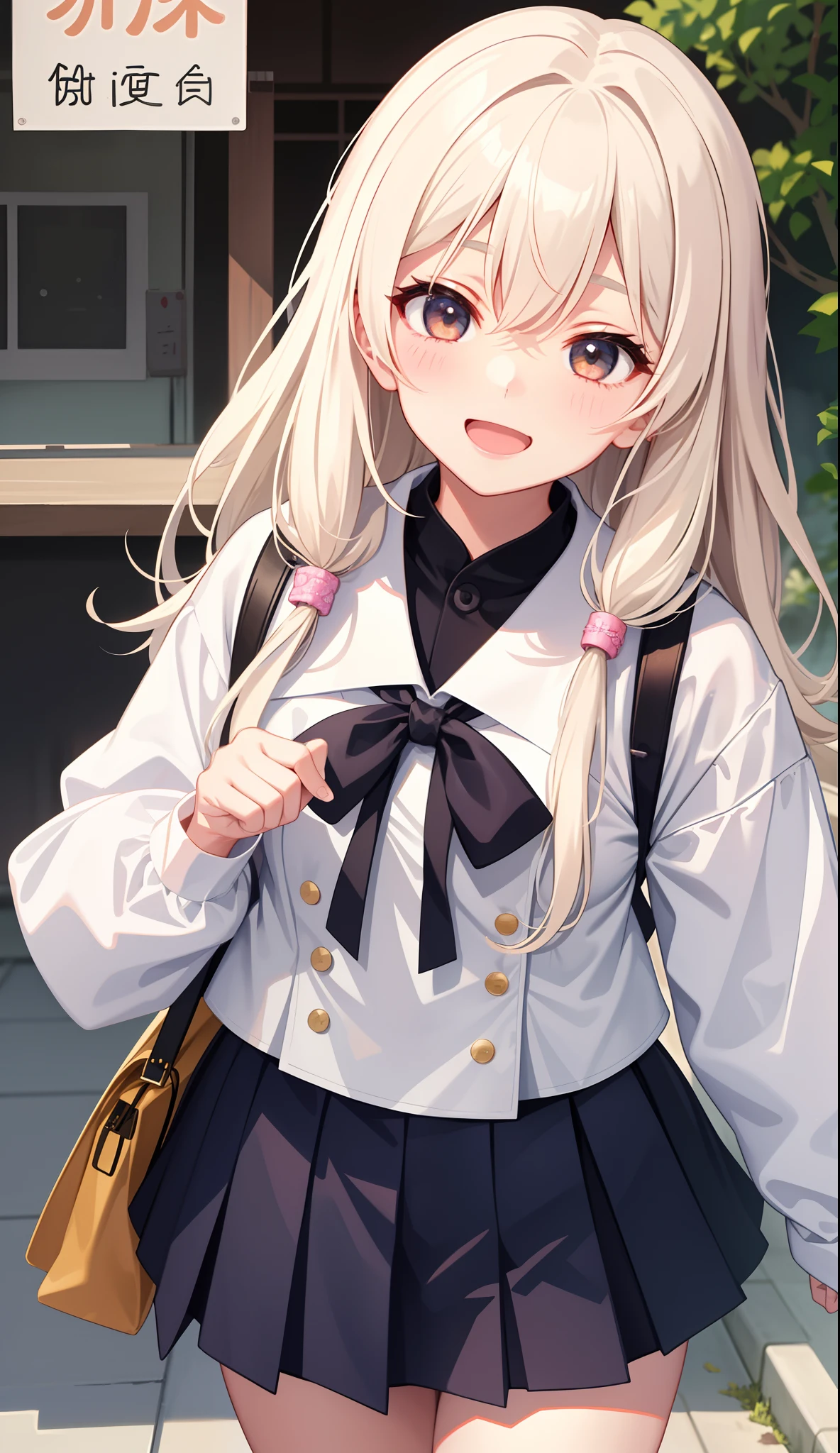 1girl in、AS-Adult、A smile、open open mouth、Close one eye、Wink at me、、be shy、The shirt、skirt by the、cream colored Hair、(small tits)Japan High School、校服、serafuku、Walking with a thigh、Upper body portrait、