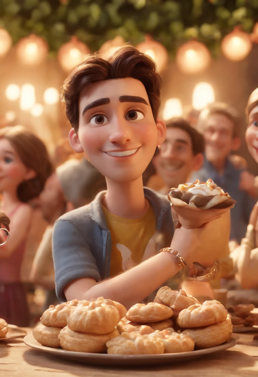 Cartoon character of several young Christians wearing various types of hats and eating Happy pastries and Jesus in the background with his arms on them Blessing at a feast, animation character, Caractere estilizado, animation style rendering, 3D estilizado, Arnold Maya render, 3 d render stylized, toon render keyshot, Personagem 3D, Personagem 3D, 3d rendering stylized, 3 d character render, personagem de desenho animado, Personagem de close up, Pose de personagem,  (Estilo Pixar) (master part:1.2) (Bokeh) (best quality) (pele detalhada) (textura detalhada) (8k) (argila) (Cinematic lighting) (foco nítido