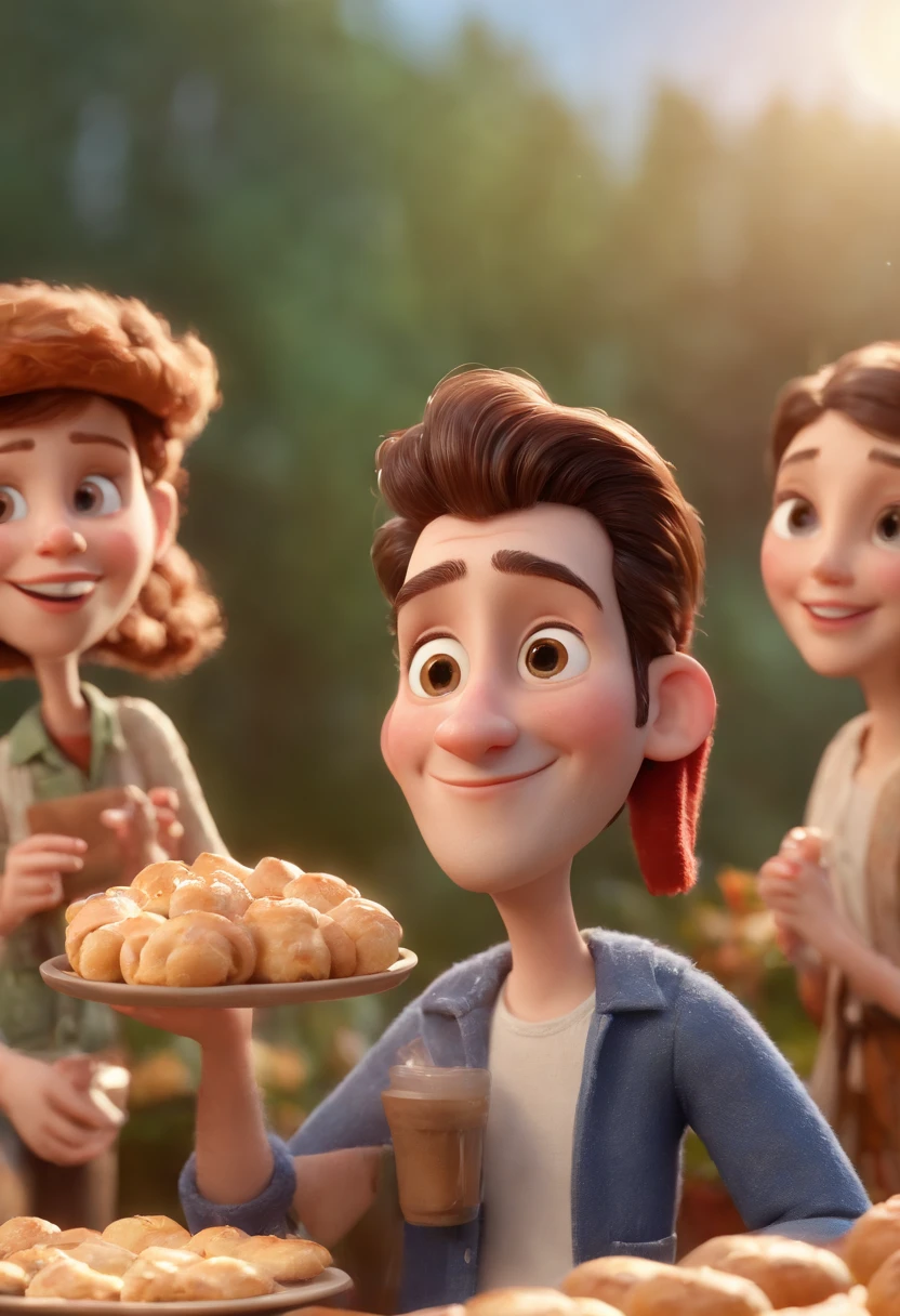 Cartoon character of several young Christians wearing various types of hats and eating Happy pastries and Jesus in the background with his arms on them Blessing at a feast, animation character, Caractere estilizado, animation style rendering, 3D estilizado, Arnold Maya render, 3 d render stylized, toon render keyshot, Personagem 3D, Personagem 3D, 3d rendering stylized, 3 d character render, personagem de desenho animado, Personagem de close up, Pose de personagem,  (Estilo Pixar) (master part:1.2) (Bokeh) (best quality) (pele detalhada) (textura detalhada) (8k) (argila) (Cinematic lighting) (foco nítido