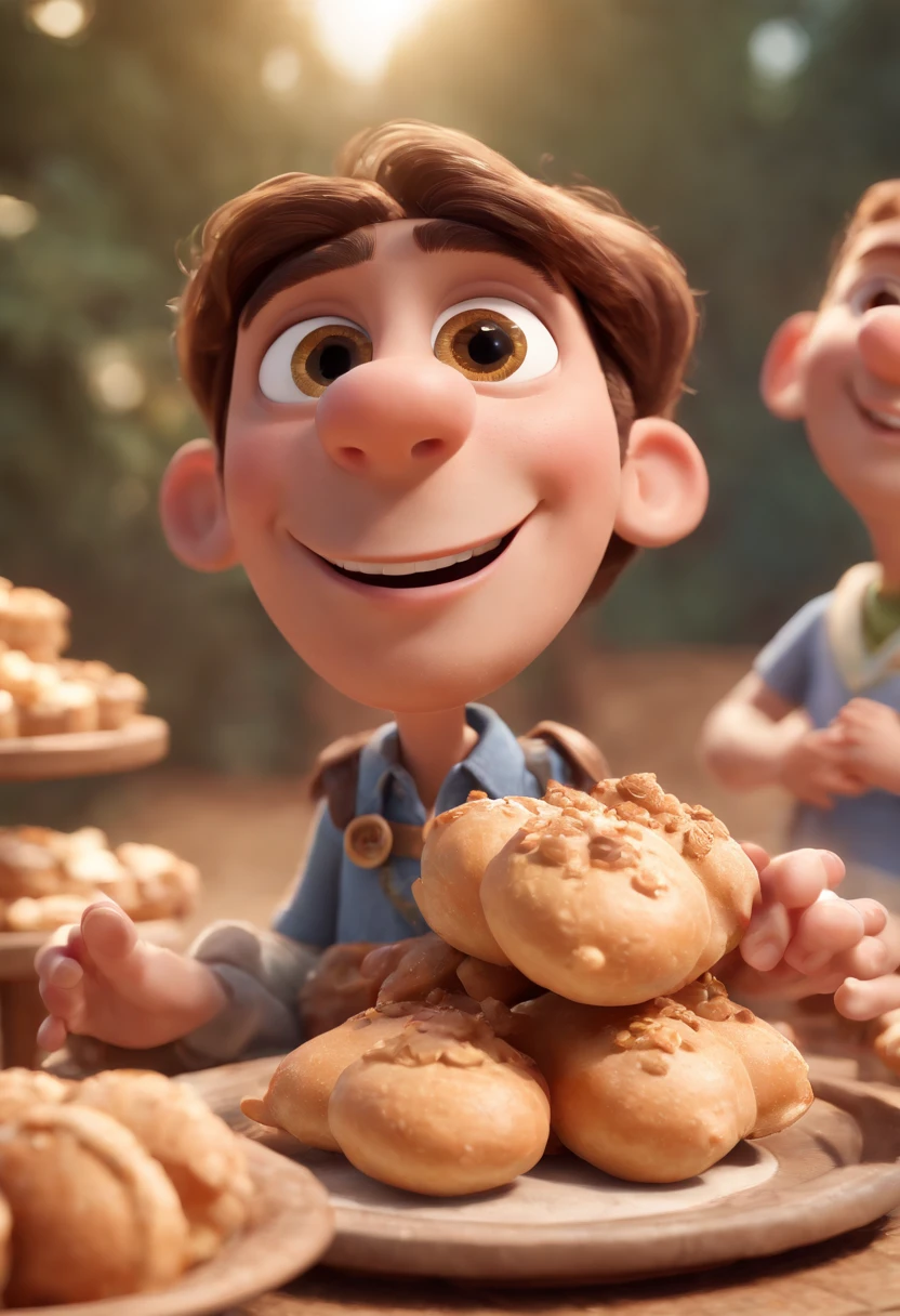 Cartoon character of several young Christians wearing various types of hats and eating Happy pastries and Jesus in the background with his arms on them Blessing at a feast, animation character, Caractere estilizado, animation style rendering, 3D estilizado, Arnold Maya render, 3 d render stylized, toon render keyshot, Personagem 3D, Personagem 3D, 3d rendering stylized, 3 d character render, personagem de desenho animado, Personagem de close up, Pose de personagem, (Estilo Pixar) (master part:1.2) (Bokeh) (best quality) (pele detalhada) (textura detalhada) (8k) (argila) (Cinematic lighting) (foco nítido