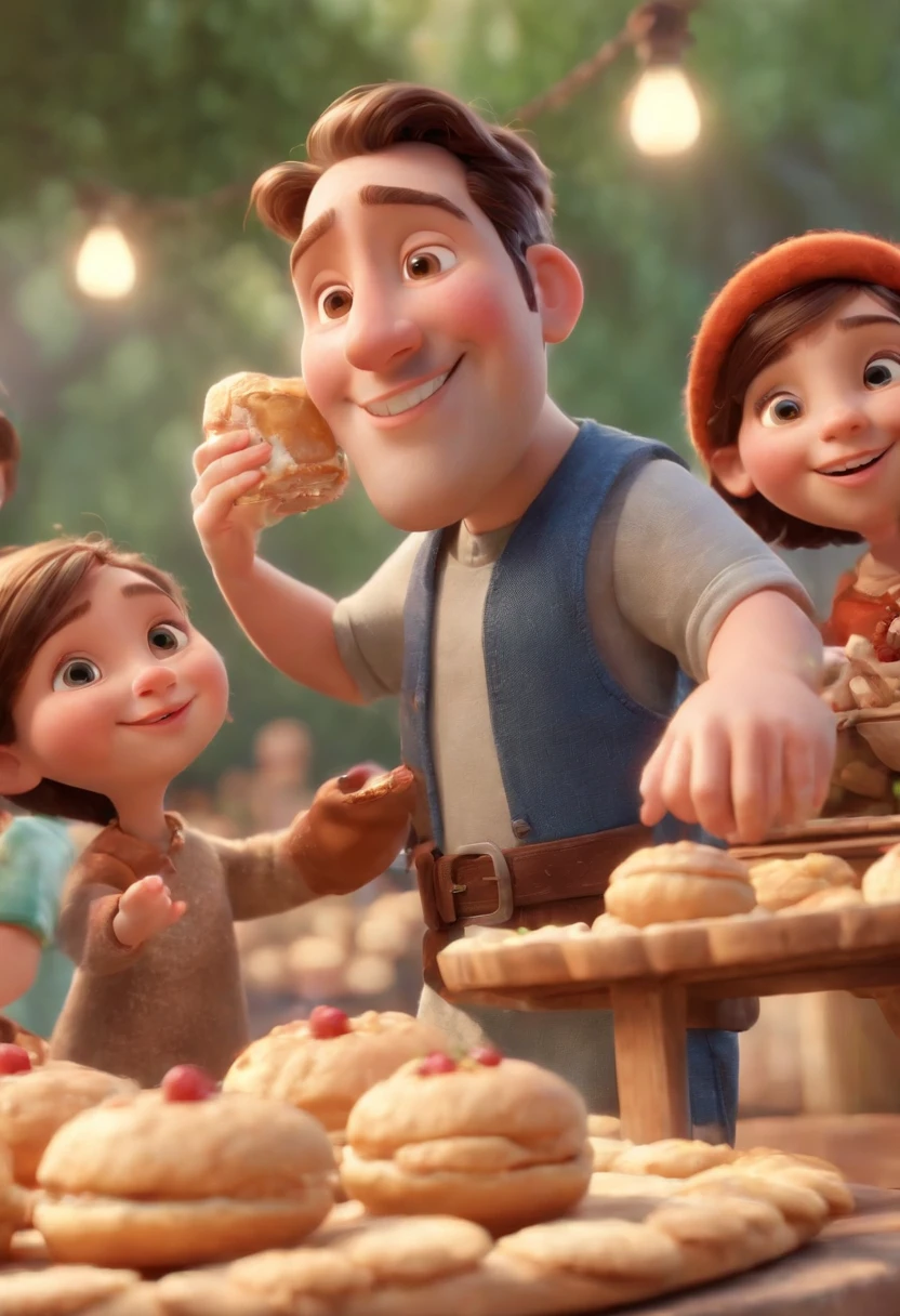 Cartoon character of several young Christians wearing various types of hats and eating Happy pastries and Jesus in the background with his arms on them Blessing at a feast, animation character, Caractere estilizado, animation style rendering, 3D estilizado, Arnold Maya render, 3 d render stylized, toon render keyshot, Personagem 3D, Personagem 3D, 3d rendering stylized, 3 d character render, personagem de desenho animado, Personagem de close up, Pose de personagem,  (Estilo Pixar) (master part:1.2) (Bokeh) (best quality) (pele detalhada) (textura detalhada) (8k) (argila) (Cinematic lighting) (foco nítido