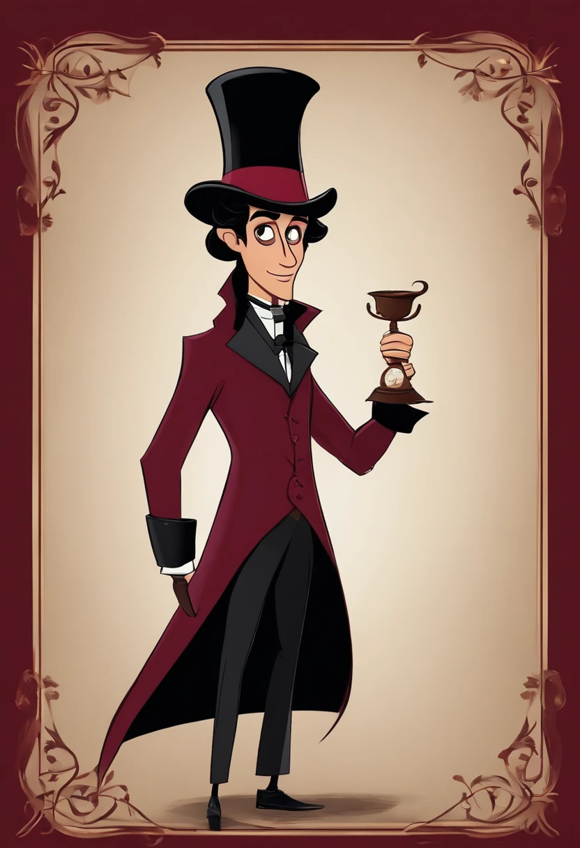 Um filme inspirado na Disney Pixar ( NEGRO JOVEM COM CABELO LONGO CACHEADO PRETO) dentro A cena estar na arte distinta do estilo PIXAR, cool and stylish WITH BURGUNDY MAGICIAN OUTFIT AND BLACK TOP HAT