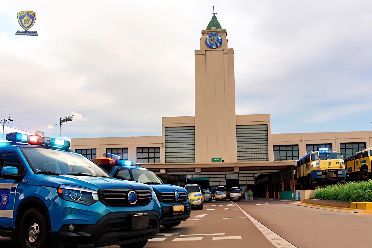 Police cars parked in front of a train station in Goiânia with a beautiful late afternoon sky