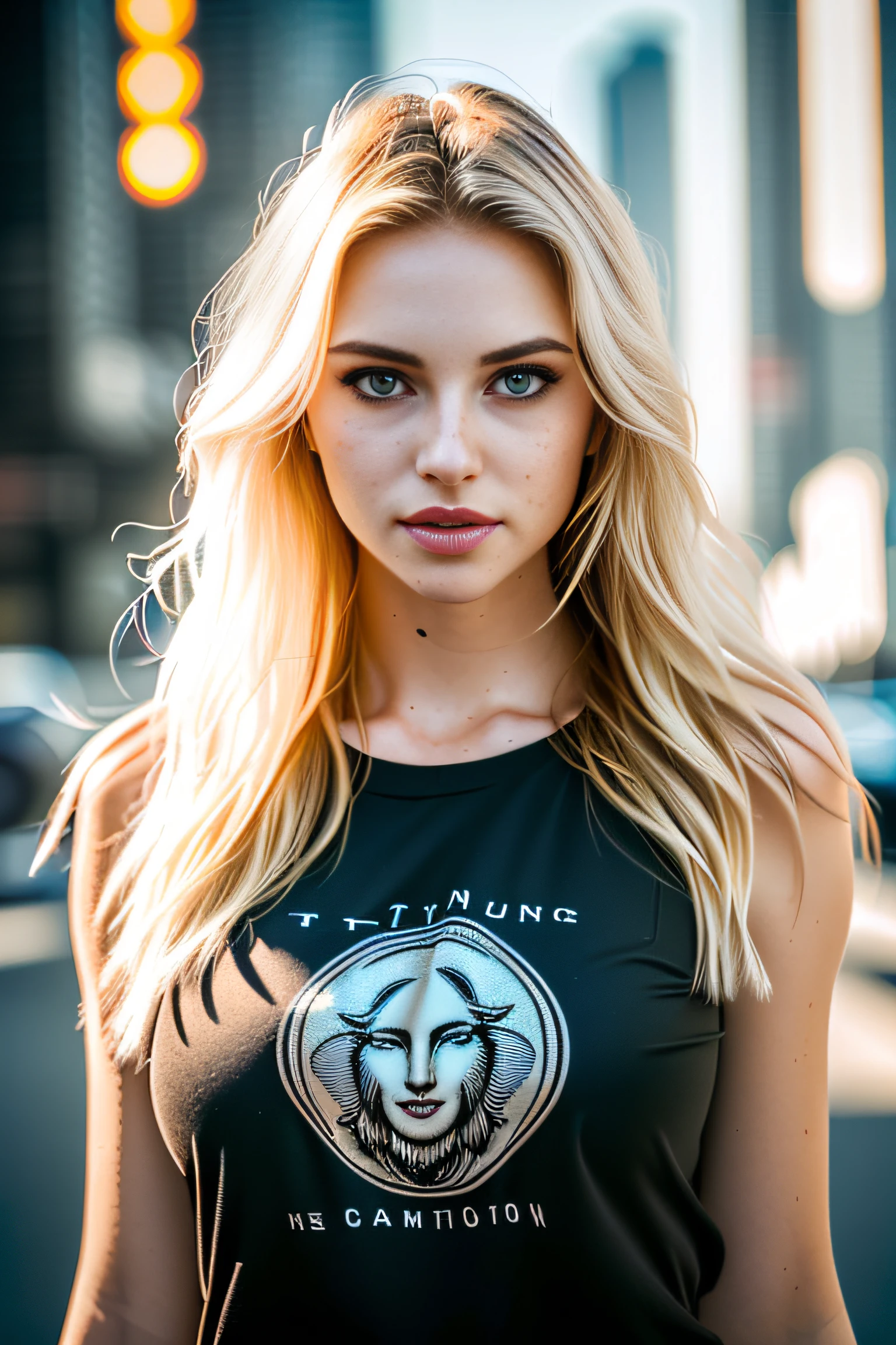 gorgeous woman with extra long wavy blonde hair, detailed alluring eyes, long sexy legs, wearing tiny shorts, t-shirt, ((detailed facial features)), (finely detailed skin), pale skin, realistic skin texture, extreme skin details, (pores:0.1), in the background beautiful futuristic cyberpunk city, best quality masterpiece, photorealistic, hyperrealistic, detailed, 8k, HDR, (Soft color: 1.2), shallow depth of field, broad light, high contrast, backlighting, bloom, light sparkles, chromatic aberration, sharp focus, RAW color photo