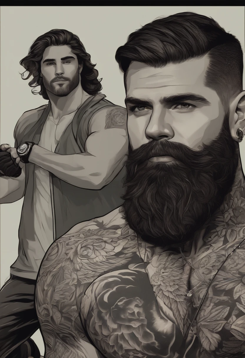 Personagem de desenho animado de um homem com o rosto fino e a barba cerrada e uma camisa eescrito personal trainer , Military hair and tattoo on right arm. Com uma bicicleta