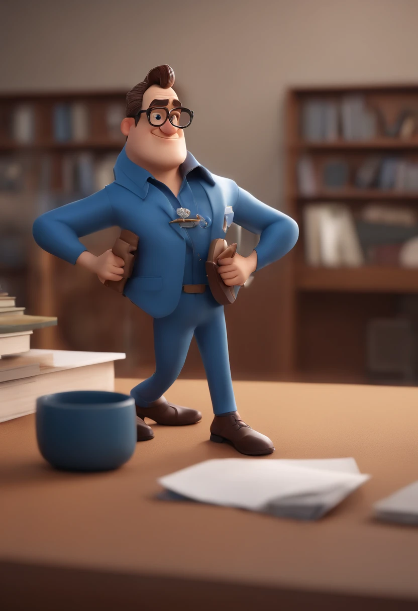Cartoon character of a man with poignant hair in an office wearing black glasses and a blue shirt, um personagem animado, Caractere estilizado, animation style rendering, 3D estilizado, Arnold Maya render, 3 d render stylized, toon render keyshot, Personagem 3D, Personagem 3D, 3d rendering stylized, 3 d character render, personagem de desenho animado, Personagem de close up, Pose de personagem, (Estilo Pixar) (master part:1.2) (Bokeh) (best quality) (pele detalhada) (textura detalhada) (8k) (argila) (Cinematic lighting) (foco nítido，Senta e vaza a parte superior do corpo