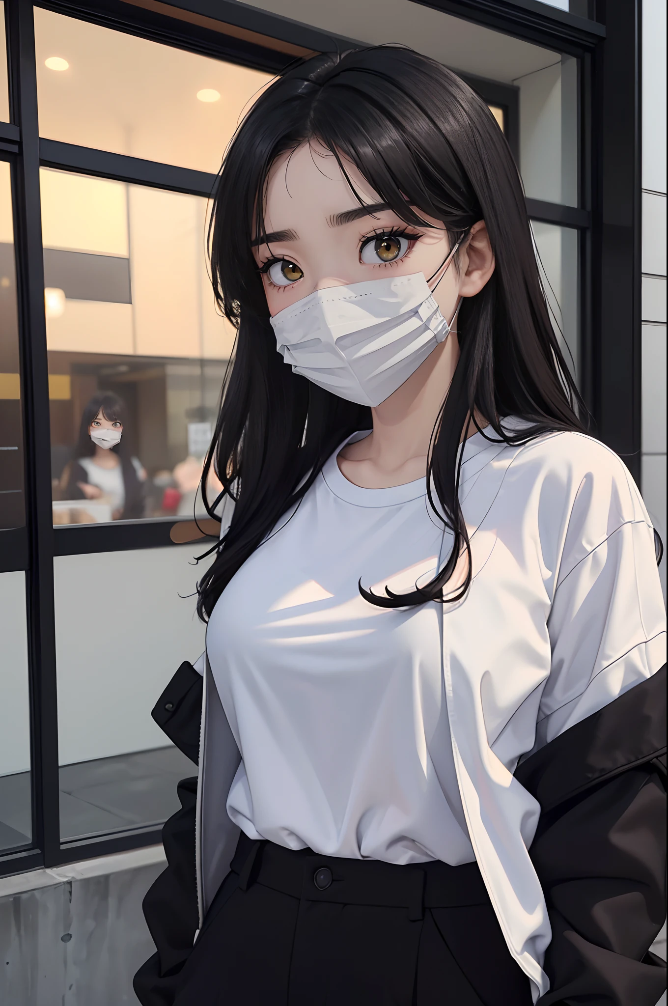 (4K works))、masterpiece、(top-quality)、shopping、Korean female、adult woman、((Adult 26 years old))、((Face similar to Hyunjin))、cool lady、tall、((Glaring expression))、((Sleepy face))、((Strong eyes))、((Wearing a white T-shirt and a black jacket、Wear long black pants))、((Wear a black mask))、((Smaller face))、Slim body、((How to endure a sales match))、((Cheeky way of standing))、((Bad girl))、((Black long-haired))、((Yellow eyes))、((shot from front))、((Looking down on the viewer))、((rearing))、((Shot alone))、((Solo Photography))