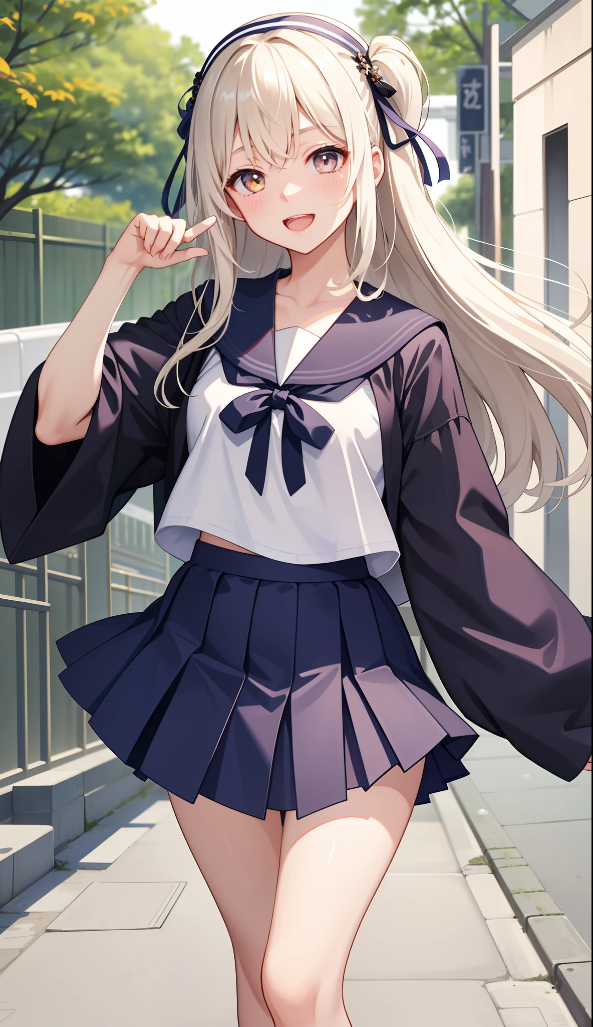 1girl in、AS-Adult、A smile、open open mouth、Close one eye、Wink at me、、be shy、The shirt、skirt by the、cream colored Hair、(small tits)Japan High School、校服、serafuku、Walking with a thigh、Upper body portrait、