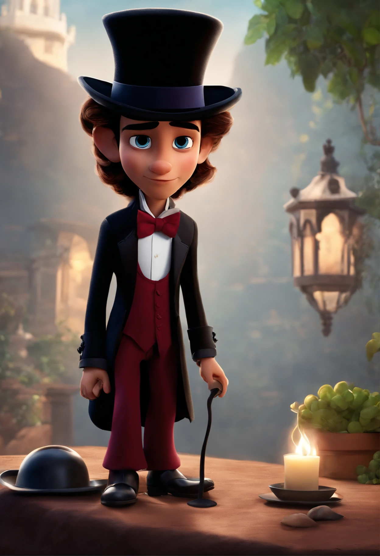 Um filme inspirado na Disney Pixar (MENINO NEGRO JOVEM COM CABELO LONGO CACHEADO PRETO) dentro A cena estar na arte distinta do estilo PIXAR, cool and stylish WITH BURGUNDY MAGICIAN OUTFIT AND BLACK TOP HAT