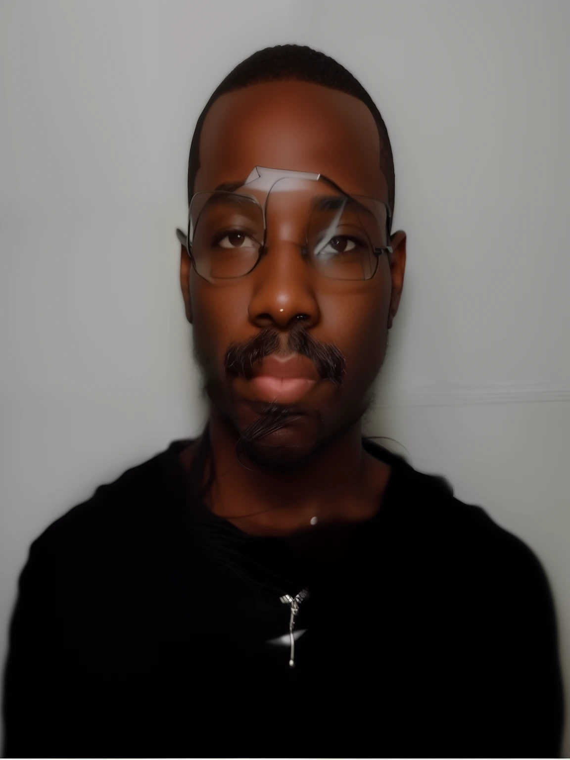 There's a black man sitting in profile with glasses and brown eyes, fleshy mouth and medium nose, idade 45 anos, cabelo Bleck curtinho
