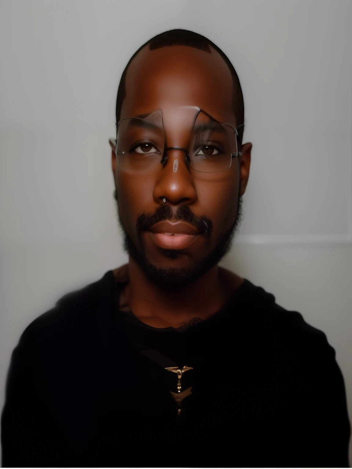 There's a black man sitting in profile with glasses and brown eyes, fleshy mouth and medium nose, idade 45 anos, cabelo Bleck curtinho