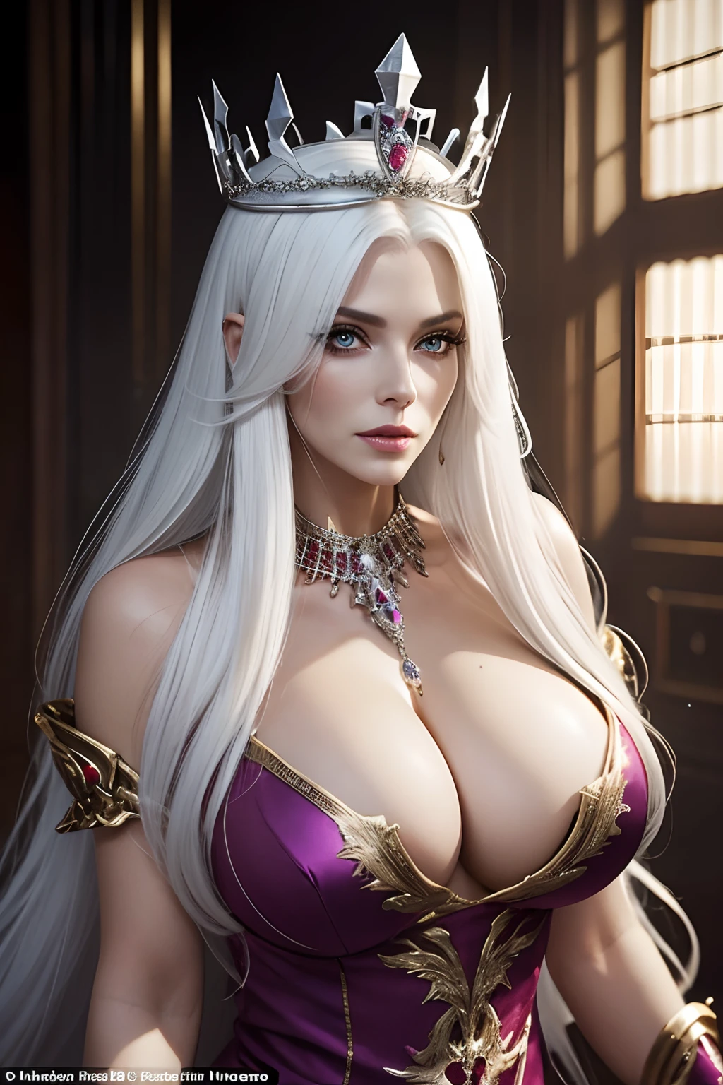 beautiful model woman busty and long white hair, 45 years old, dressed in a sexy queen of the apocalypse outfit and with a jeweled crown