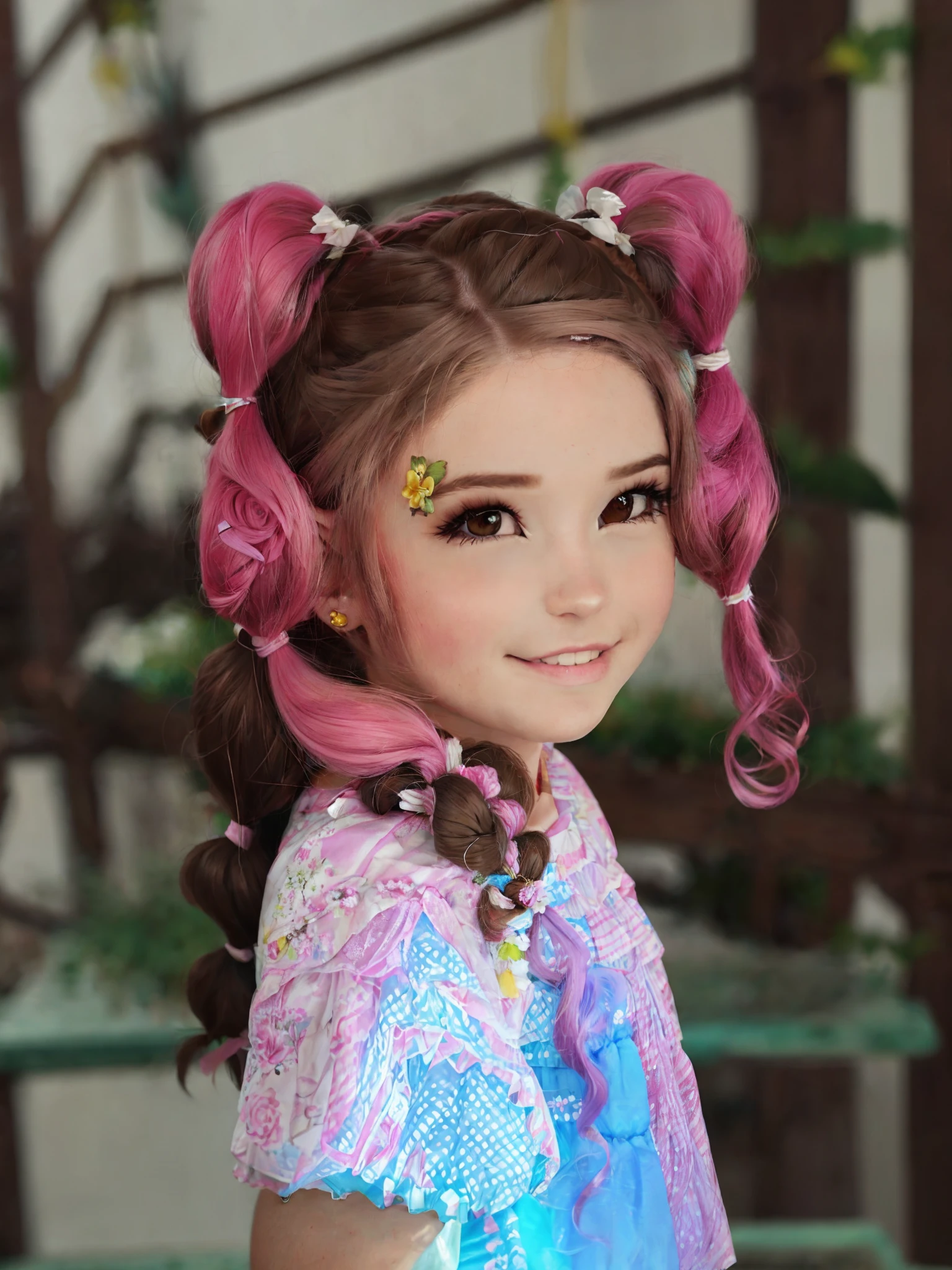 um close up de uma jovem menina de 6 anoscom cabelo rosa e um vestido rosa, Hairstyle Braids, Two Hairstyles Braids, rabo de porco colorido, penteado twintails, cabelo rosa coberto com grampos de cabelo, Cabelo de rabo de porco, Isabela Moner, plaits, cabelo rosa twintail e olhos cianos, ela tem dois rabos de cavalo cor de rosa. arte no estilo cartaz de filme Disney pixar