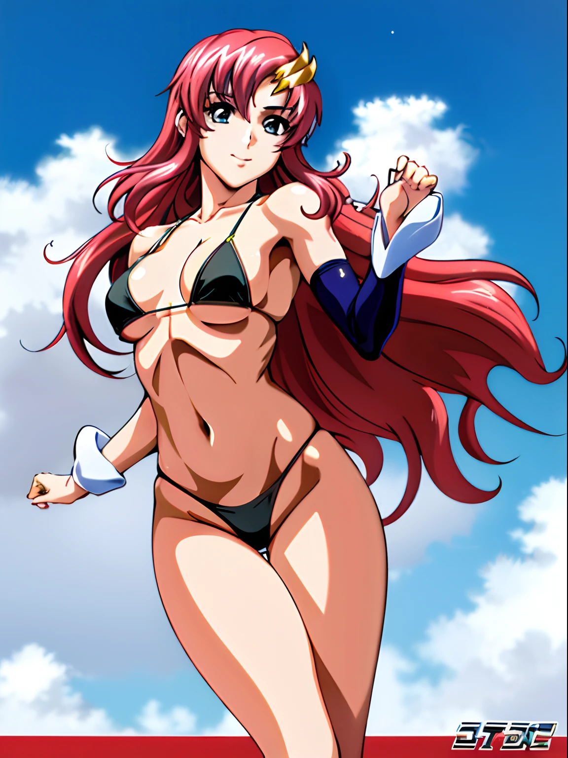 (masterpiece, far view, 4K, Best Quality, Anime style: 1.9,, Adult Woman, ultra detailed face, (cloud background, wrestling), Drawing lines, high resolution, Anime, lacus4), 1girl, Solo, curvy figure, very Long hair, 鎖骨, scapular, (Detailed wide hair bangs, Hair Ornament, Detailed reddish-pink hair, golden crest), cleavage, large hands, (female wrestler). (Big blue eyes, shiny eyes), ((female wrestler, little biceps, slender body, broad shoulders, closed fists)), ((perfect proportions, medium breasts, long belly)), (((micro bikini, pink wrestling gear, champion))), happy, smile, , (belly dancing, looking at the viewer), , showing off underarm, (elegant lady), microphone,