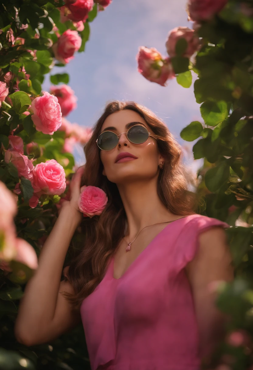 Uma mulher de 30 anos, vestindo um terninho preto, camisa rosa, Round Rosé Glasses, olhos verdes escuro, sorrindo, Looking up at the sky, sentada num jardim, inspirado no estilo pixar