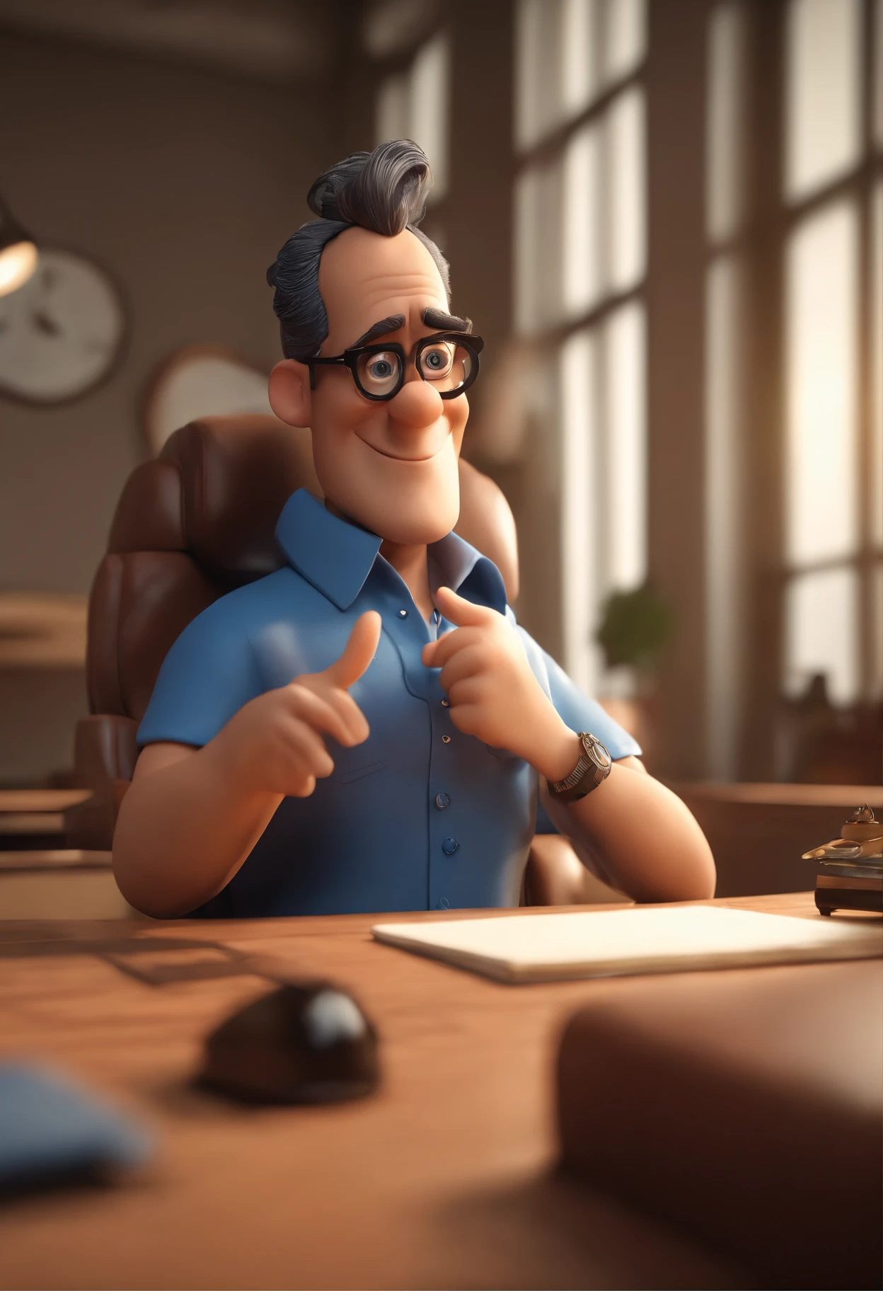 Cartoon character of a man with poignant hair in an office wearing black glasses and a blue shirt, um personagem animado, Caractere estilizado, animation style rendering, 3D estilizado, Arnold Maya render, 3 d render stylized, toon render keyshot, Personagem 3D, Personagem 3D, 3d rendering stylized, 3 d character render, personagem de desenho animado, Personagem de close up, Pose de personagem, (Estilo Pixar) (master part:1.2) (Bokeh) (best quality) (pele detalhada) (textura detalhada) (8k) (argila) (Cinematic lighting) (foco nítido,Senta e vaza a parte superior do corpo